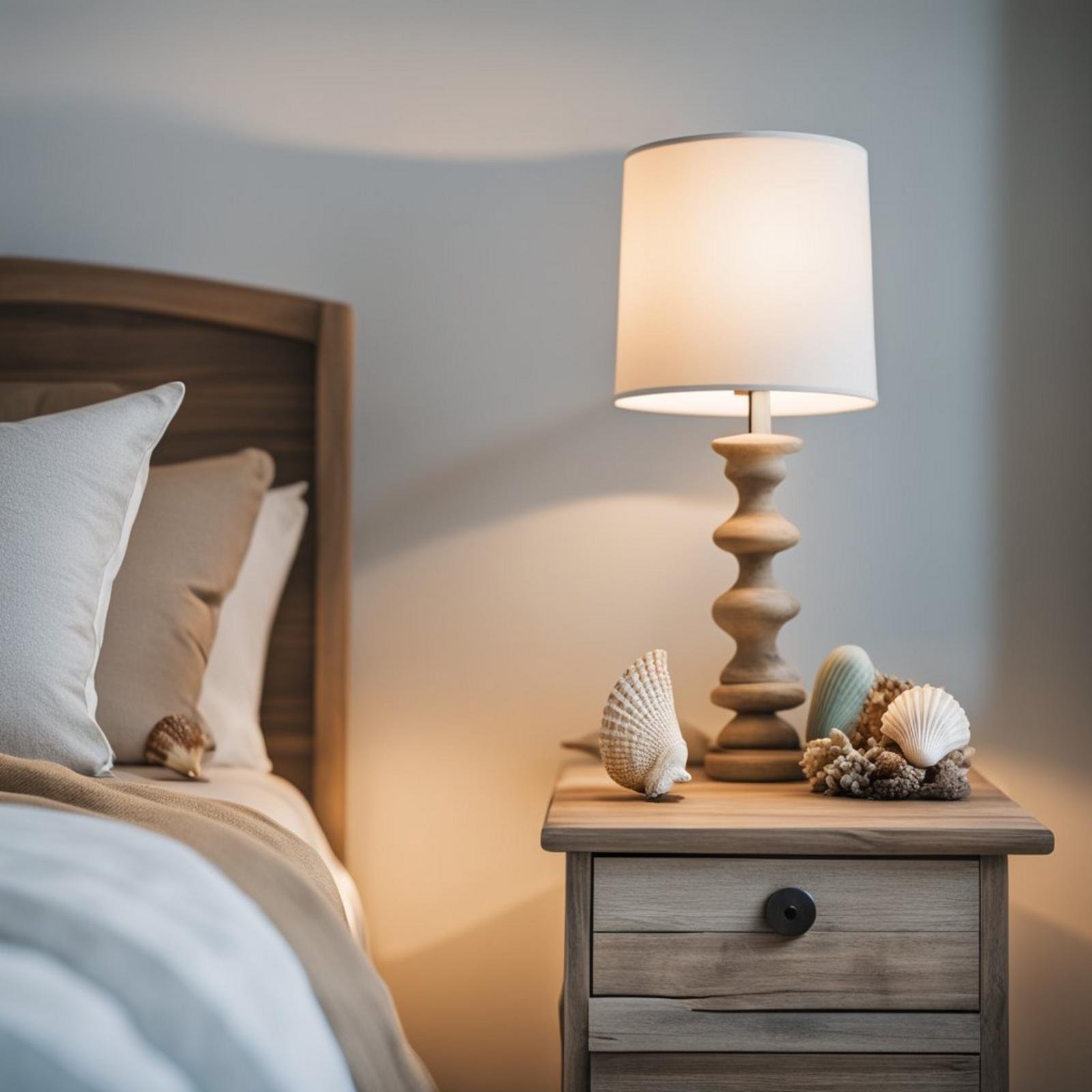 A driftwood nightstand holds a lamp and seashells in a coastal bedroom with eclectic decor