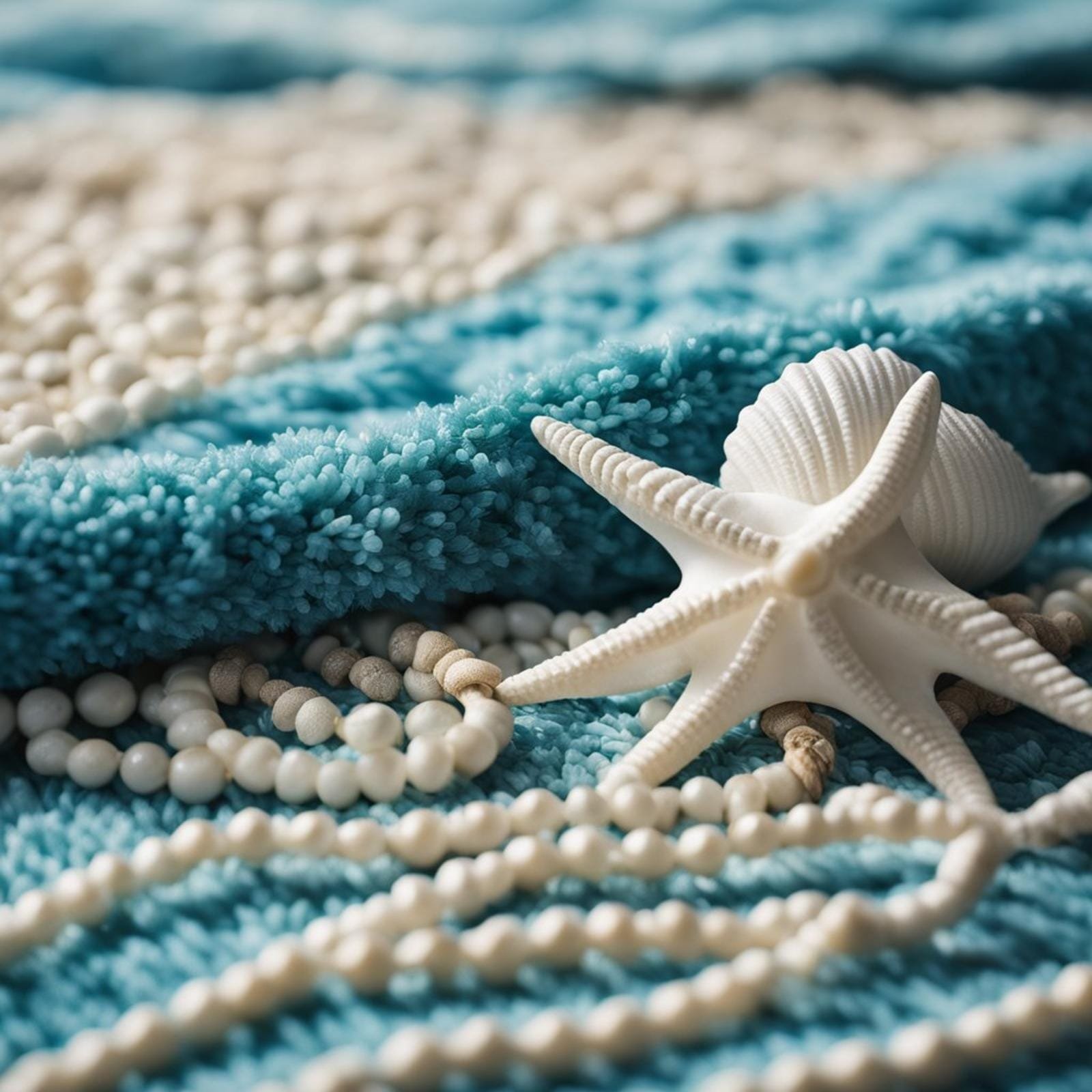 An ocean-blue rug anchors an eclectic coastal bedroom with seashell decor and natural textures