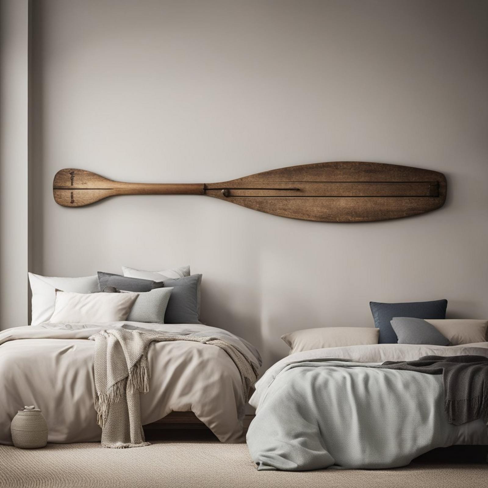 A weathered oar hangs on a coastal bedroom wall, surrounded by eclectic decor