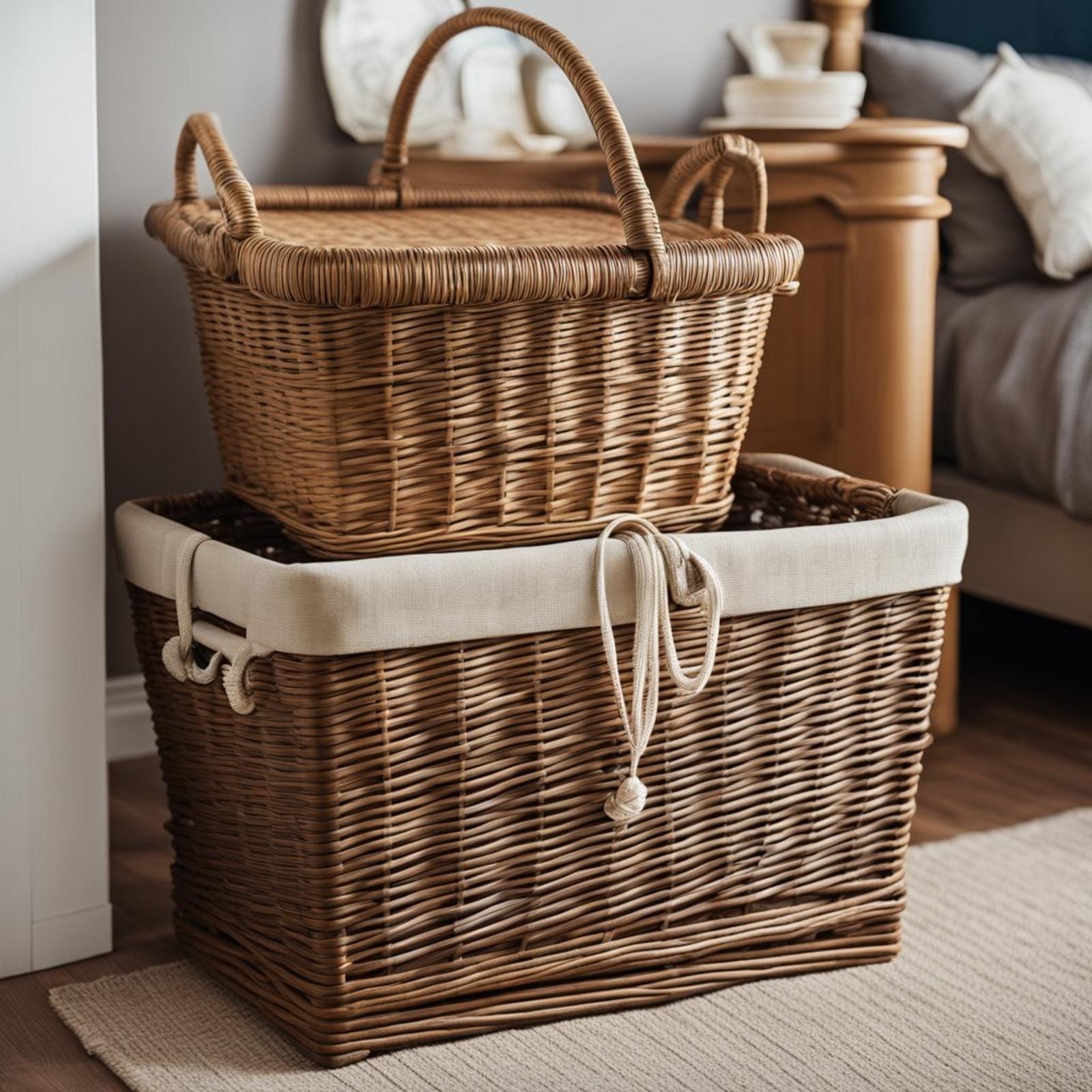 A wicker basket storage sits in a coastal bedroom, surrounded by eclectic decor and furnishings