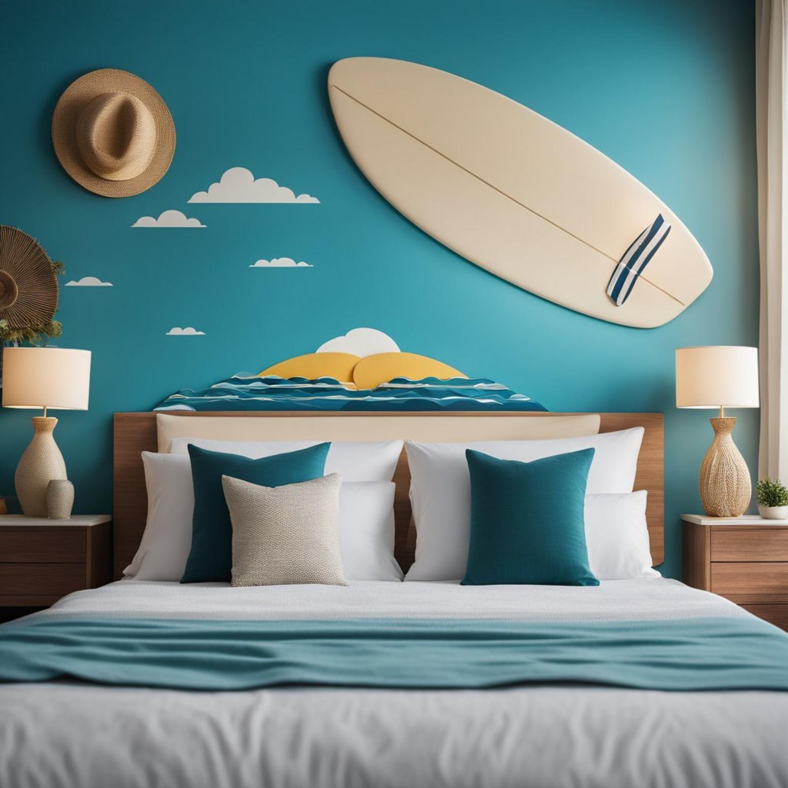 A surfboard-inspired headboard stands against a backdrop of ocean-blue walls in a coastal bedroom, surrounded by eclectic decor