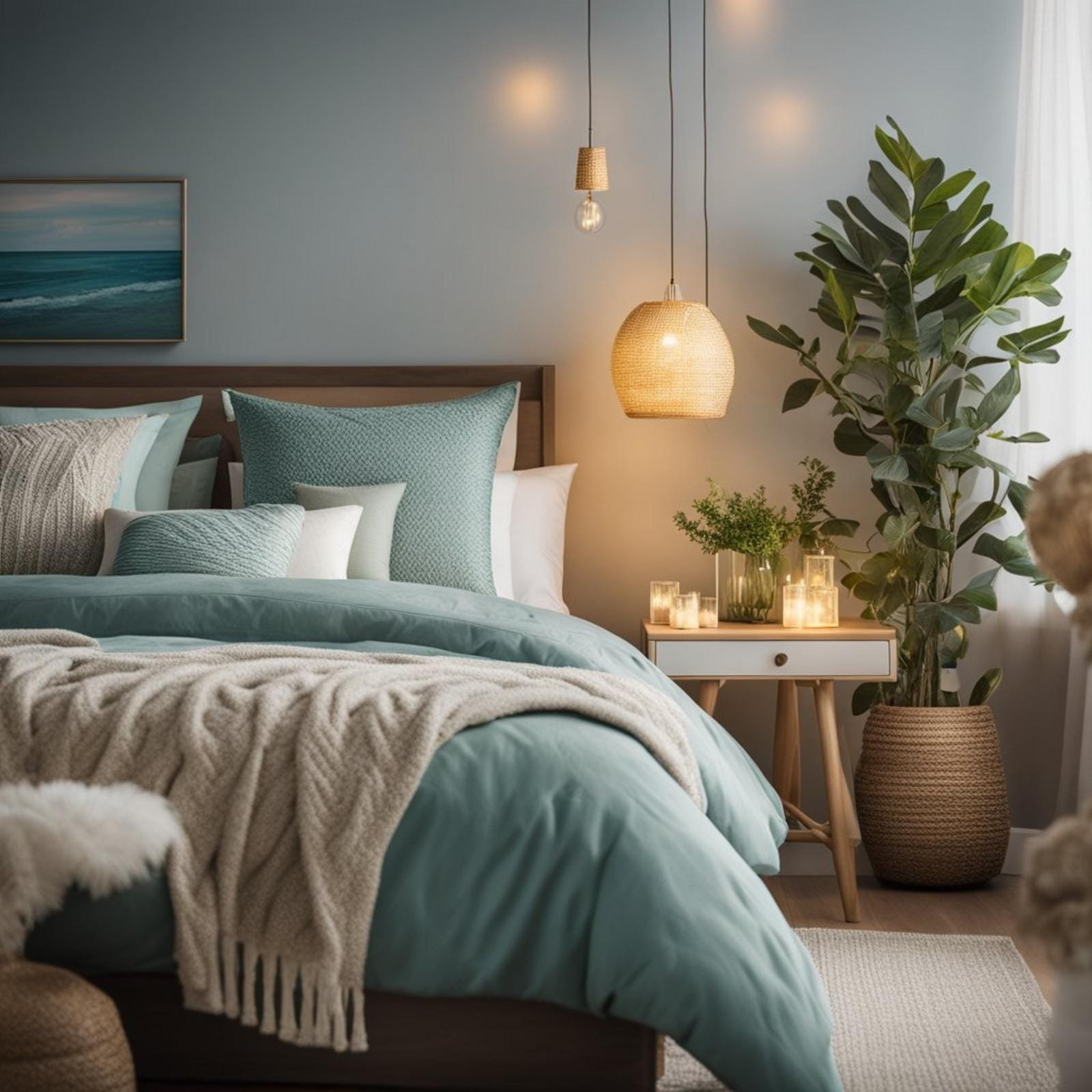 A cozy coastal bedroom with eclectic decor features beach glass lamps casting a soft, ambient glow