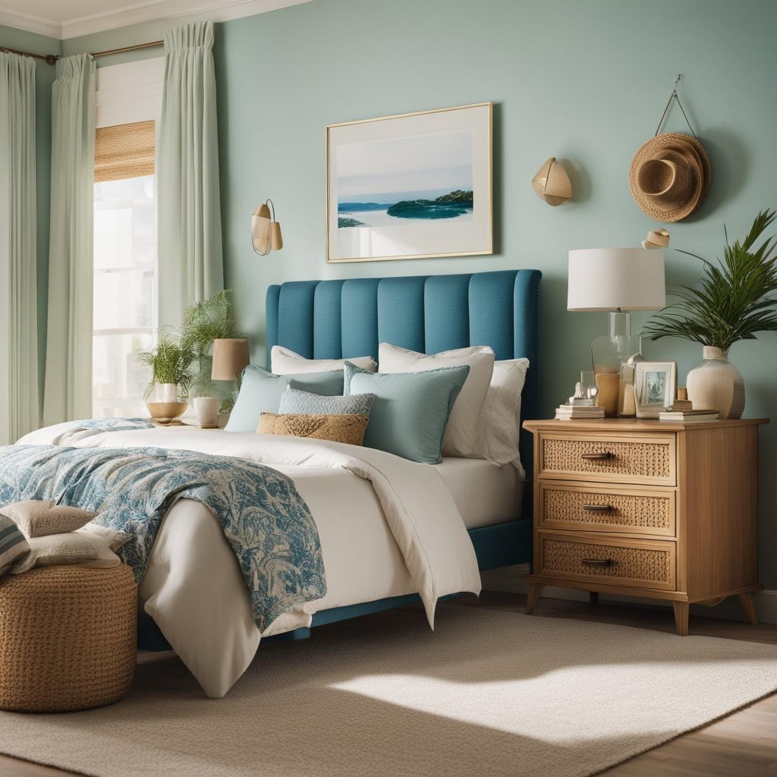 A coastal bedroom with a mix of vintage and modern furniture, featuring bright colors and patterns, natural textures, and eclectic decor