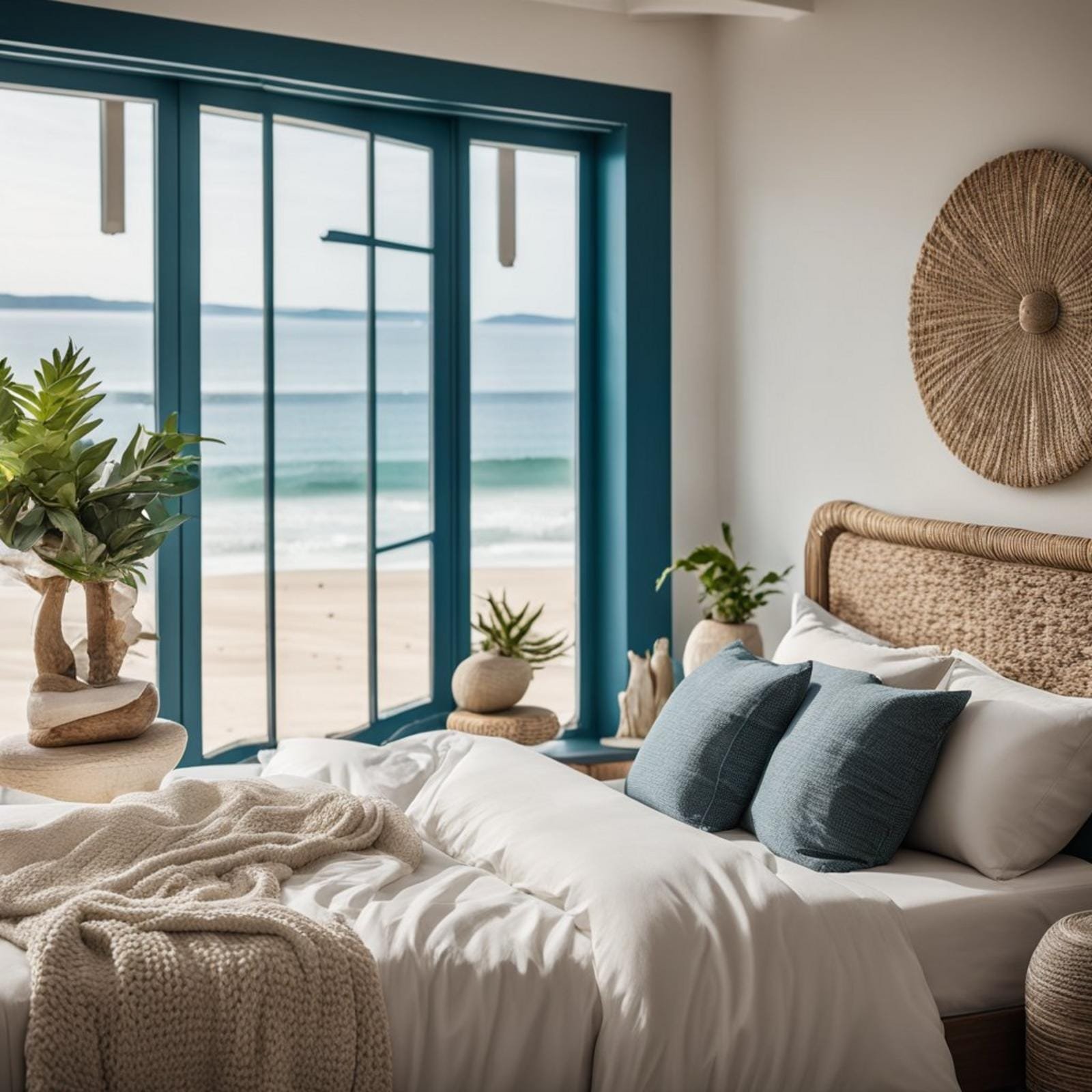A coastal bedroom with eclectic decor: a large window overlooking the ocean, driftwood accents, seashell decor, and a mix of vibrant and neutral colors