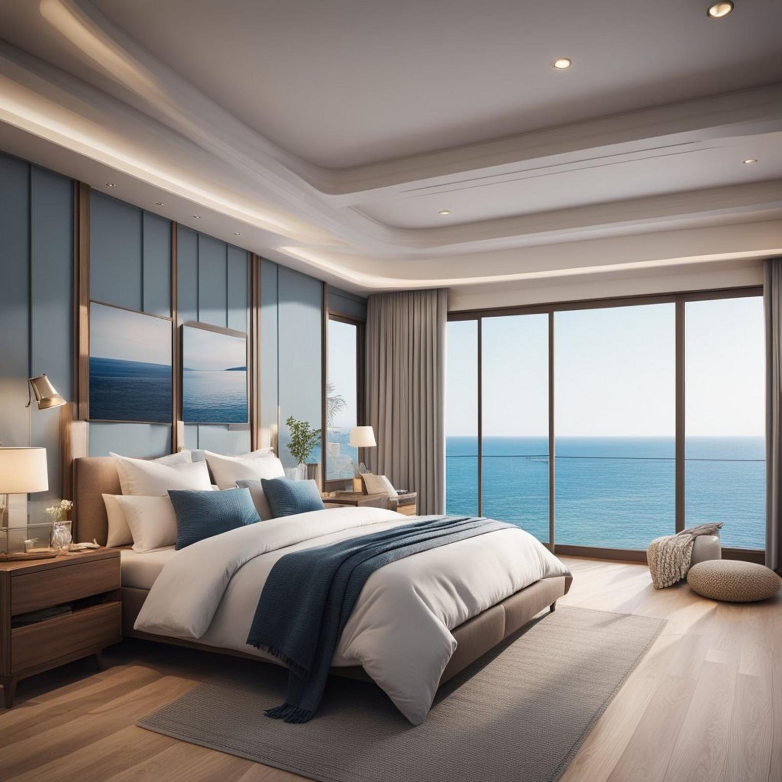 A coastal bedroom with light hardwood flooring, a large window overlooking the ocean, and a cozy bed with nautical-themed decor