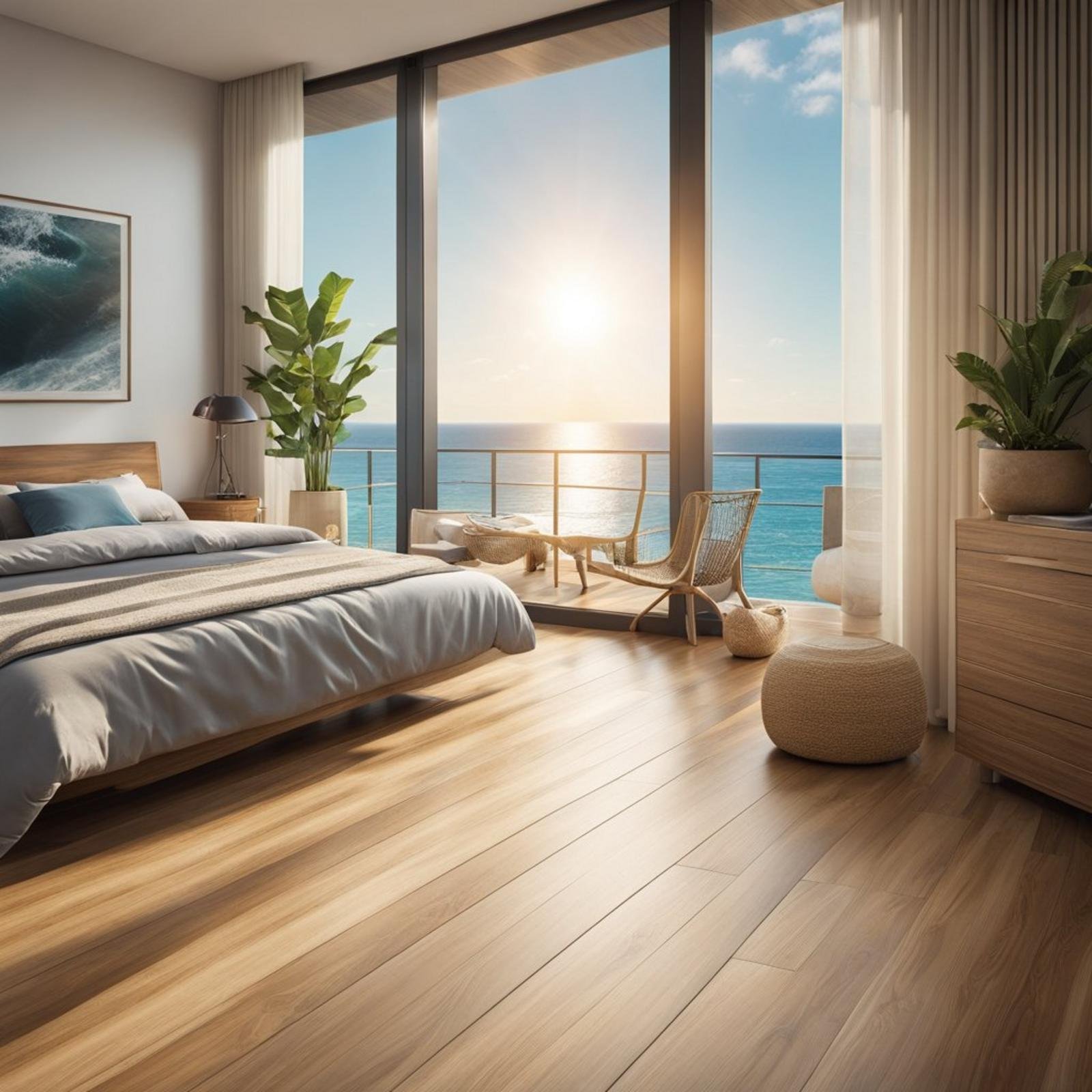 A sunlit coastal bedroom with bamboo engineered hardwood flooring, featuring ocean-inspired decor and a view of the sea