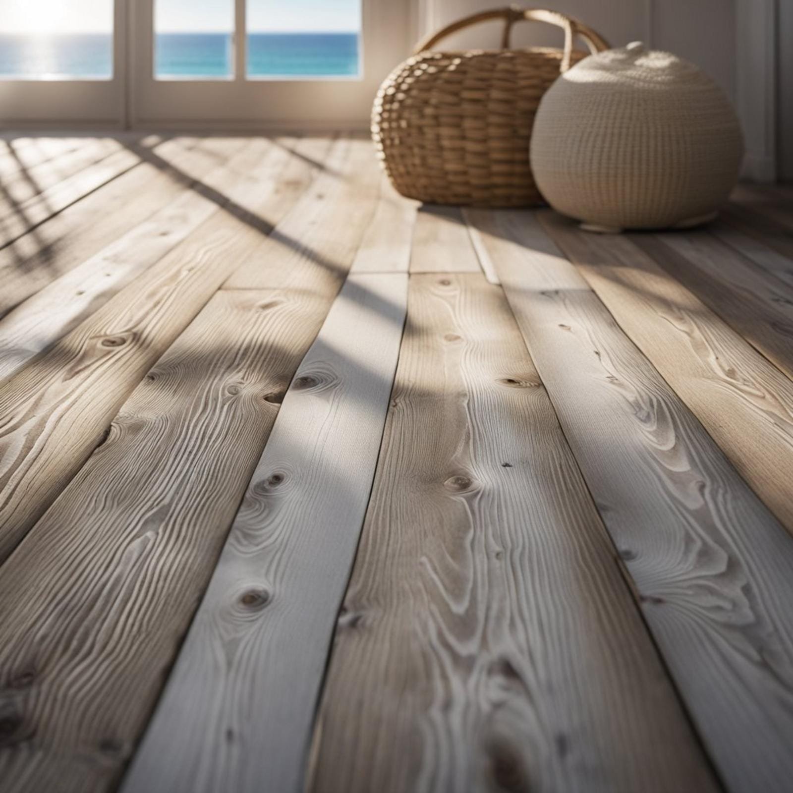 Whitewashed pine planks form the flooring of a coastal bedroom, with sunlight streaming through open windows onto the weathered wood