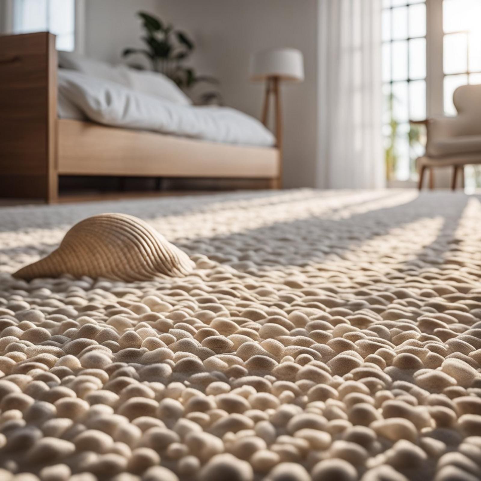 A seashell cotton carpet covers the floor of a coastal bedroom, with sunlight streaming in through the window