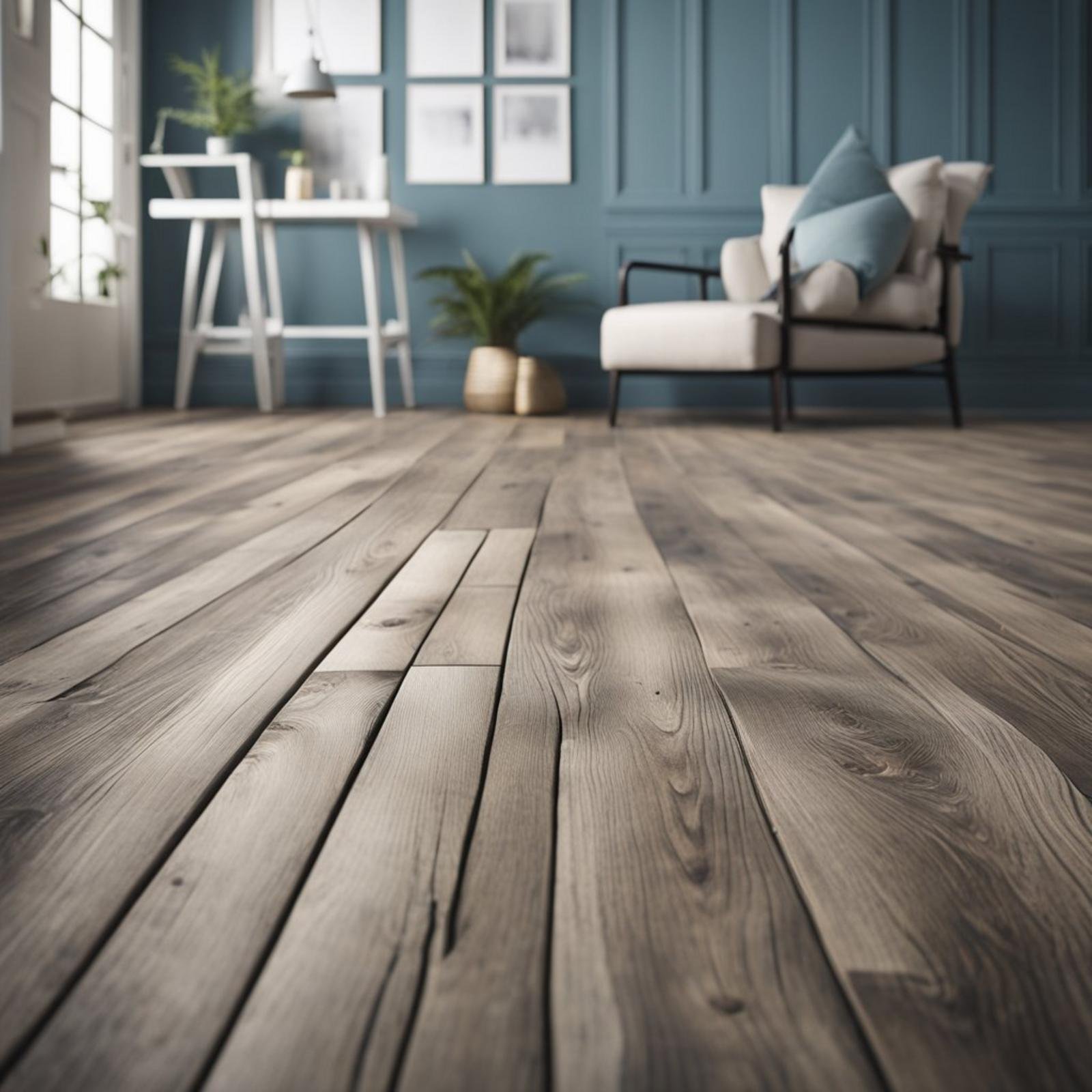 Distressed driftwood laminate flooring in a coastal-themed bedroom