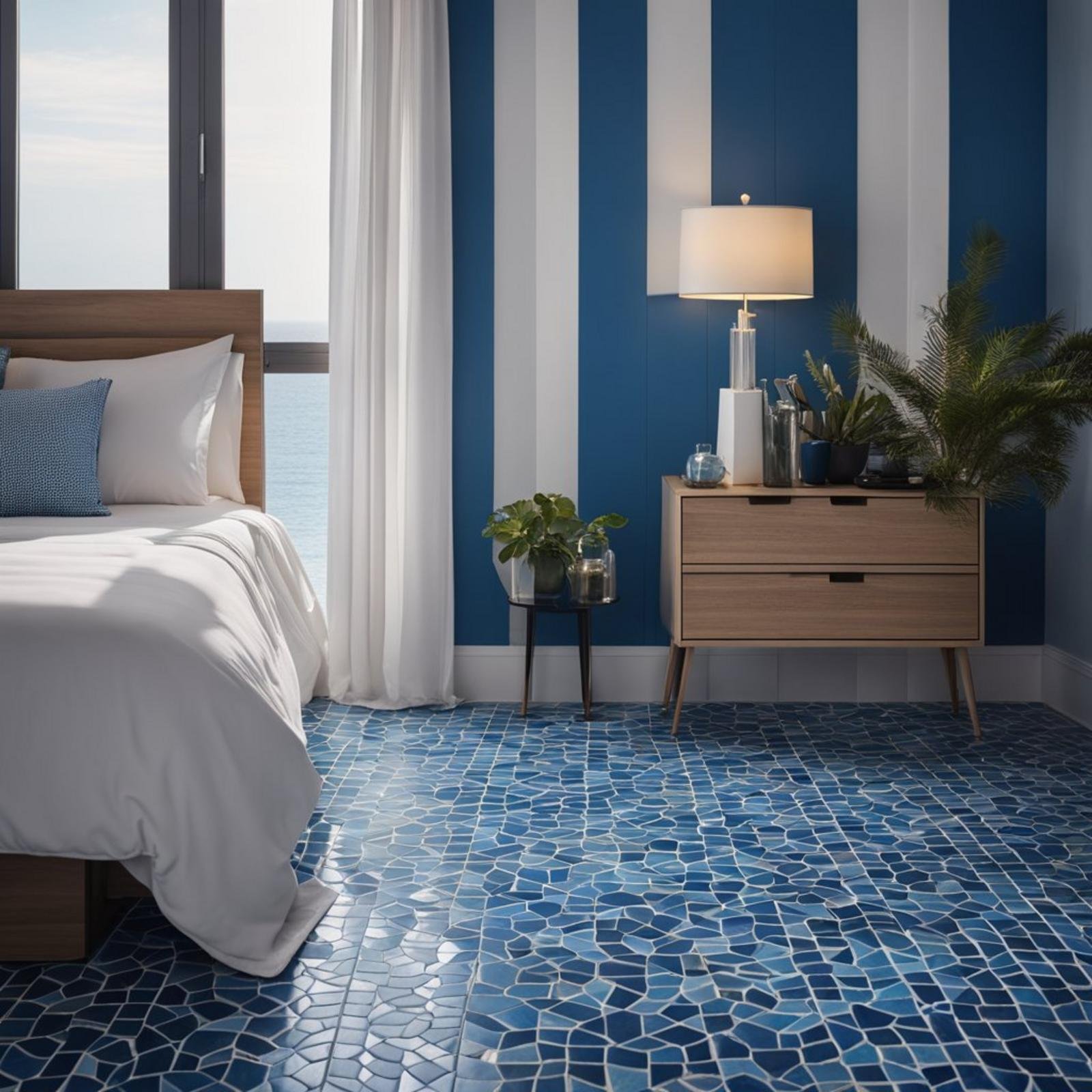 A coastal bedroom with nautical blue tiles flooring, overlooking the ocean