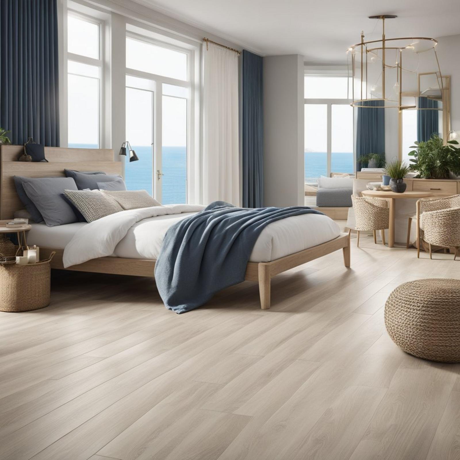 A coastal bedroom with shiplap luxury vinyl plank flooring, adorned with nautical decor and soft, neutral tones