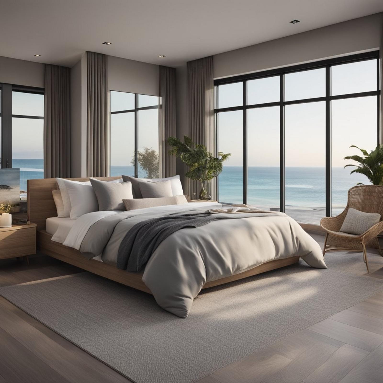 A coastal bedroom with grey oak flooring, a large window overlooking the ocean, and a cozy bed with neutral-colored bedding