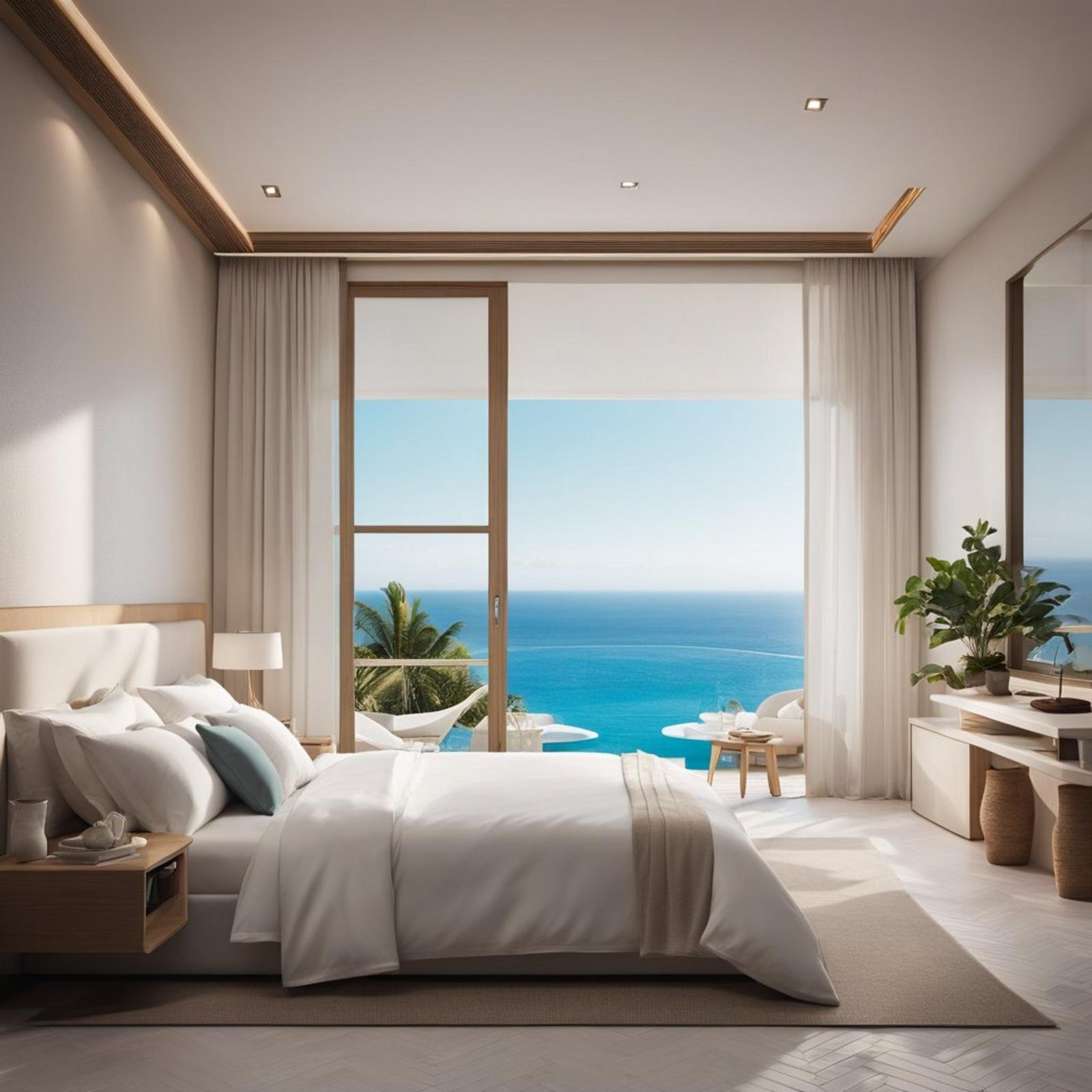 A coastal bedroom with Ocean Breeze Ceramic Tiles flooring, featuring a serene ocean view, a cozy bed with white linens, and minimalistic decor