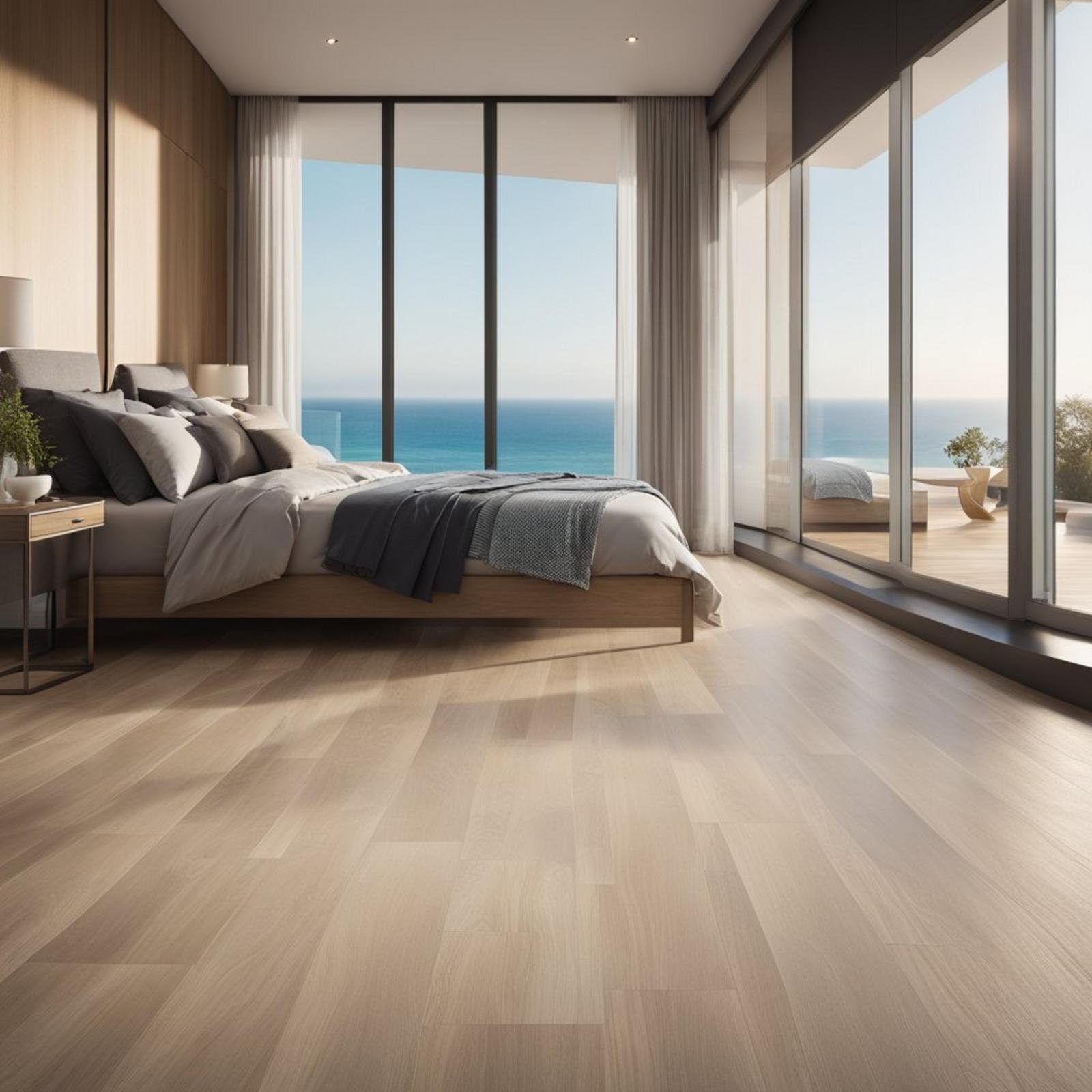 A coastal bedroom with sandstone textured laminate flooring, light streaming in from a large window, and a view of the ocean in the distance