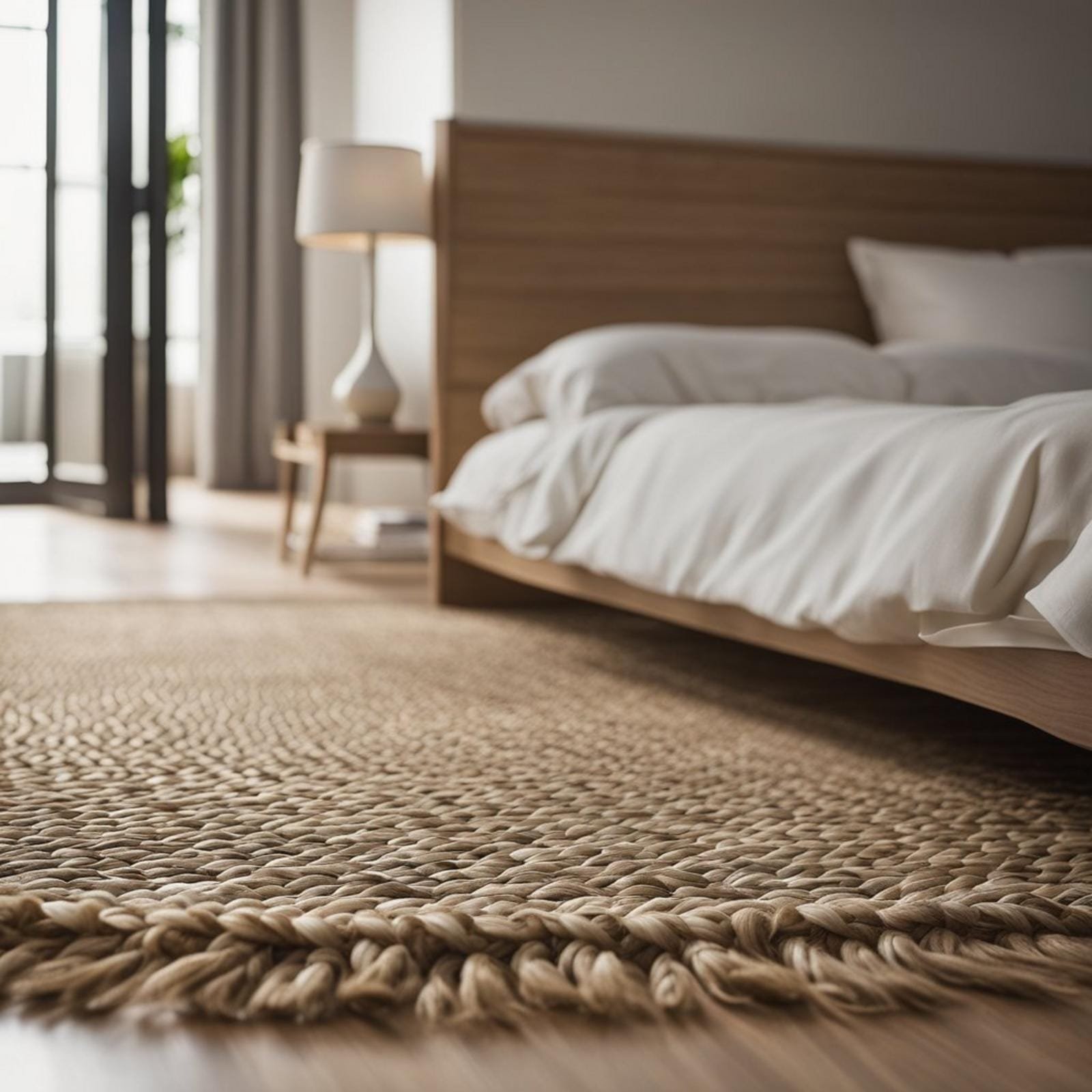 A seagrass woven rug lies on the floor of a coastal bedroom, adding a natural and textured touch to the room's decor