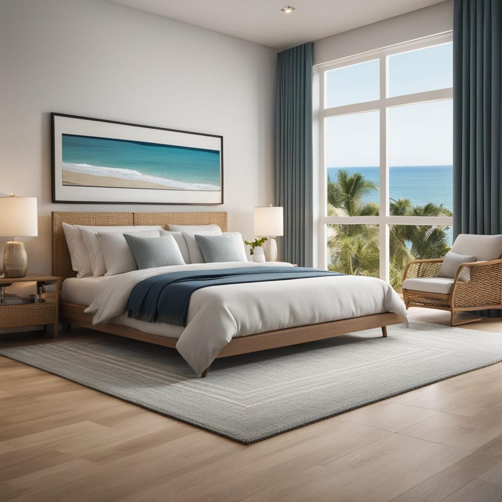 A coastal bedroom with light-colored hardwood flooring, a woven area rug, and large windows overlooking the ocean
