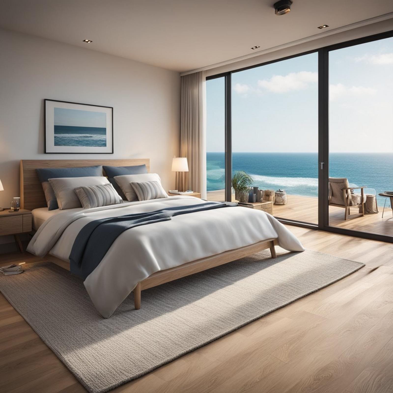 A coastal bedroom with light hardwood flooring, a large window overlooking the ocean, and a cozy area rug
