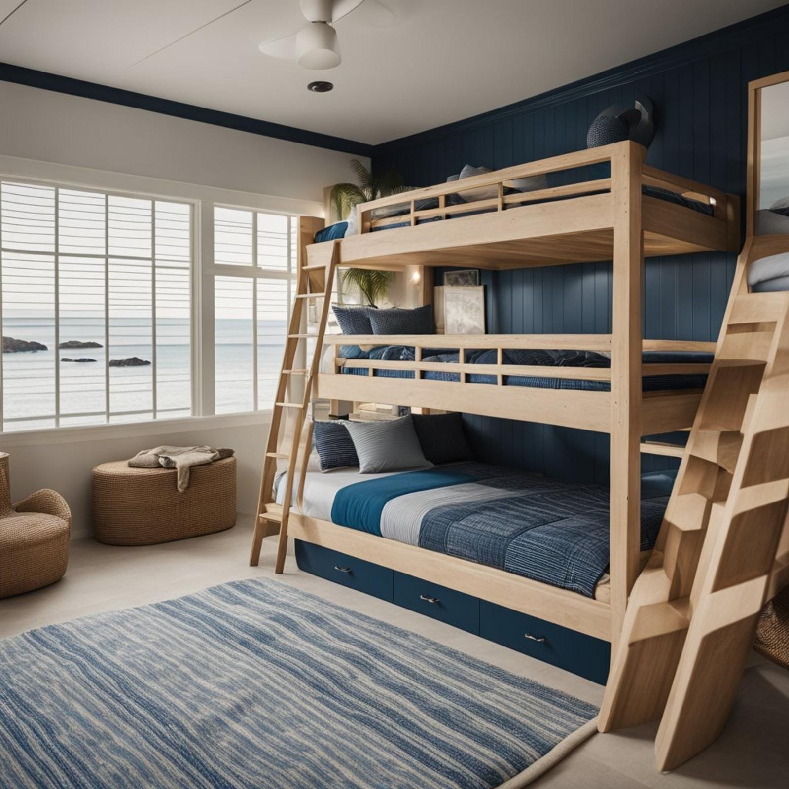 7 coastal bedroom for boys ideas (surf's up! ) 2 A coastal bedroom for boys with nautical decor, bunk beds, surfboards on the wall, and a large window overlooking the ocean