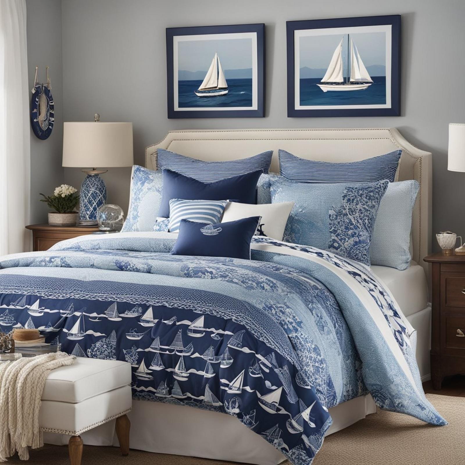 7 coastal bedroom for boys ideas (surf's up! ) 3 A cozy coastal bedroom with nautical-themed bedding set, featuring sailboats, anchors, and a color palette of blue and white