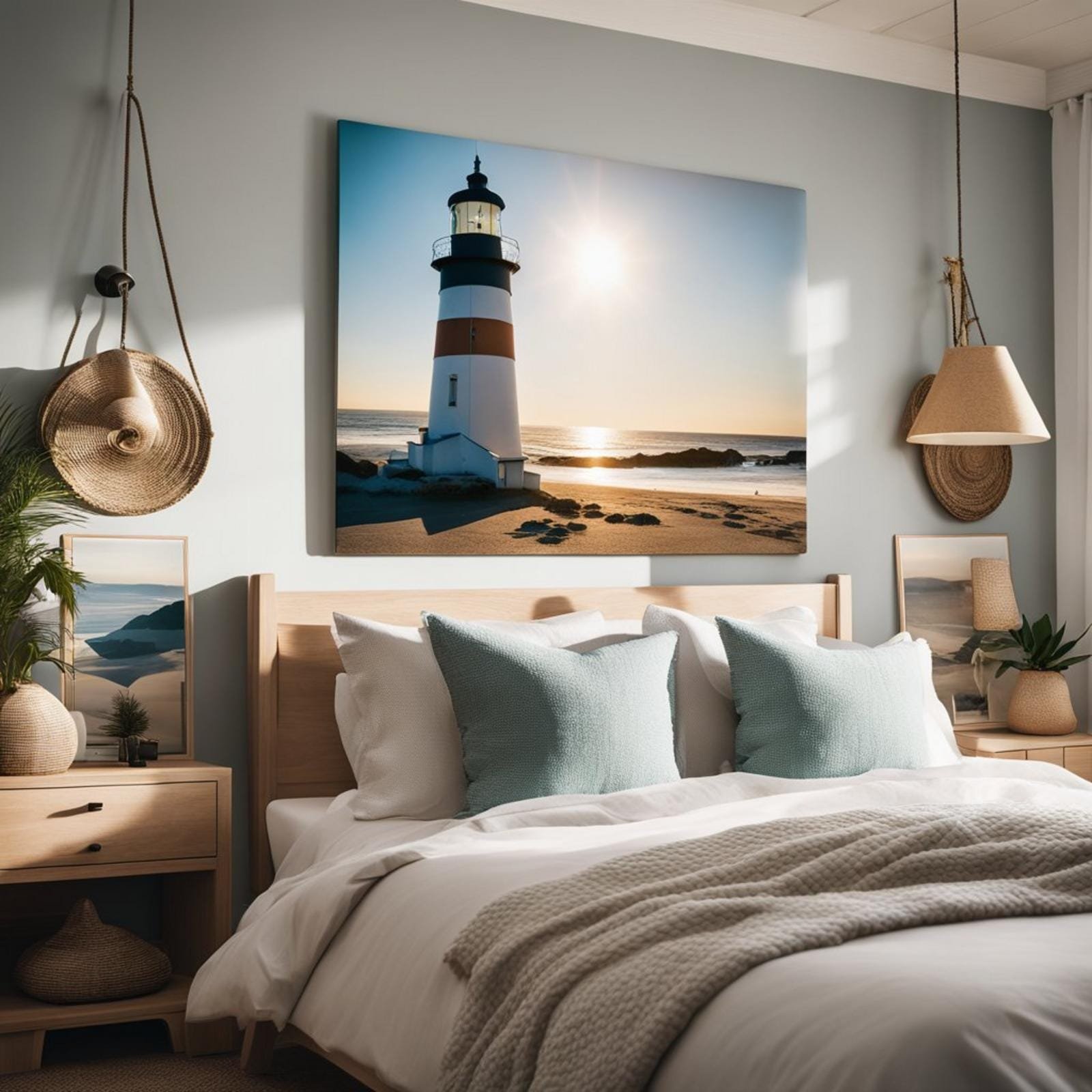 7 coastal bedroom for boys ideas (surf's up! ) 4 A coastal bedroom with beach-inspired wall art featuring surfboards, seashells, and a lighthouse, evoking a sense of adventure and relaxation