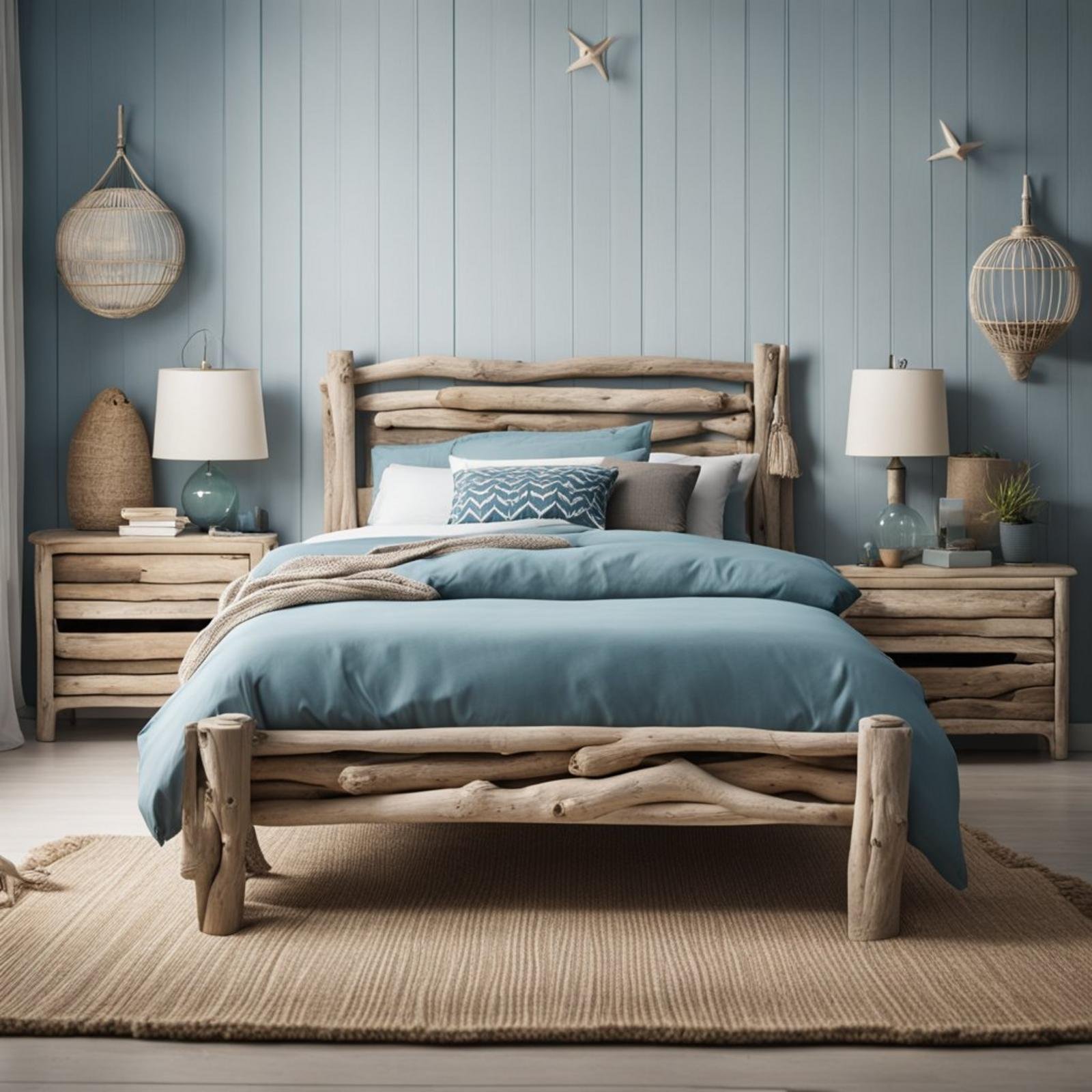 7 coastal bedroom for boys ideas (surf's up! ) 5 A driftwood bed frame sits in a coastal-themed bedroom for boys, with nautical decor and ocean-inspired colors