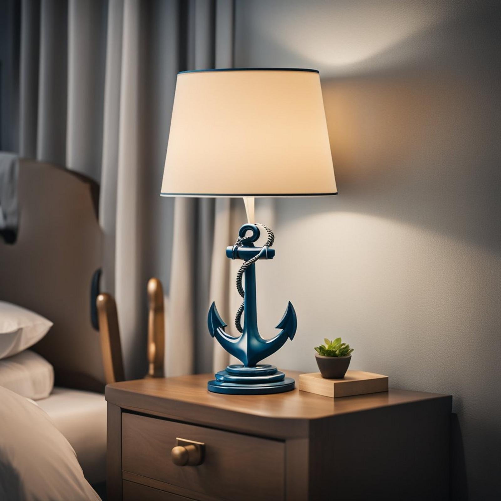 7 coastal bedroom for boys ideas (surf's up! ) 8 A table lamp with anchor design sits on a bedside table in a coastal-themed bedroom for boys