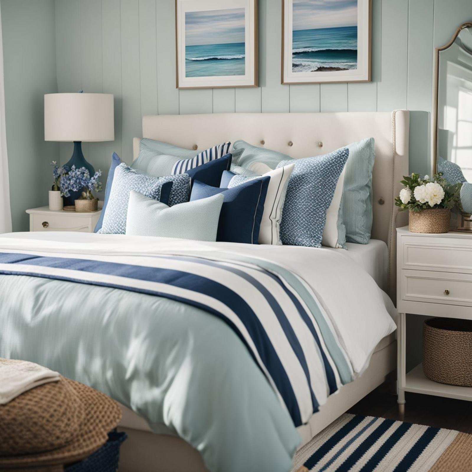 7 coastal bedroom for boys ideas (surf's up! ) 9 A cozy coastal bedroom with nautical throw pillows, a striped rug, and ocean-themed decor