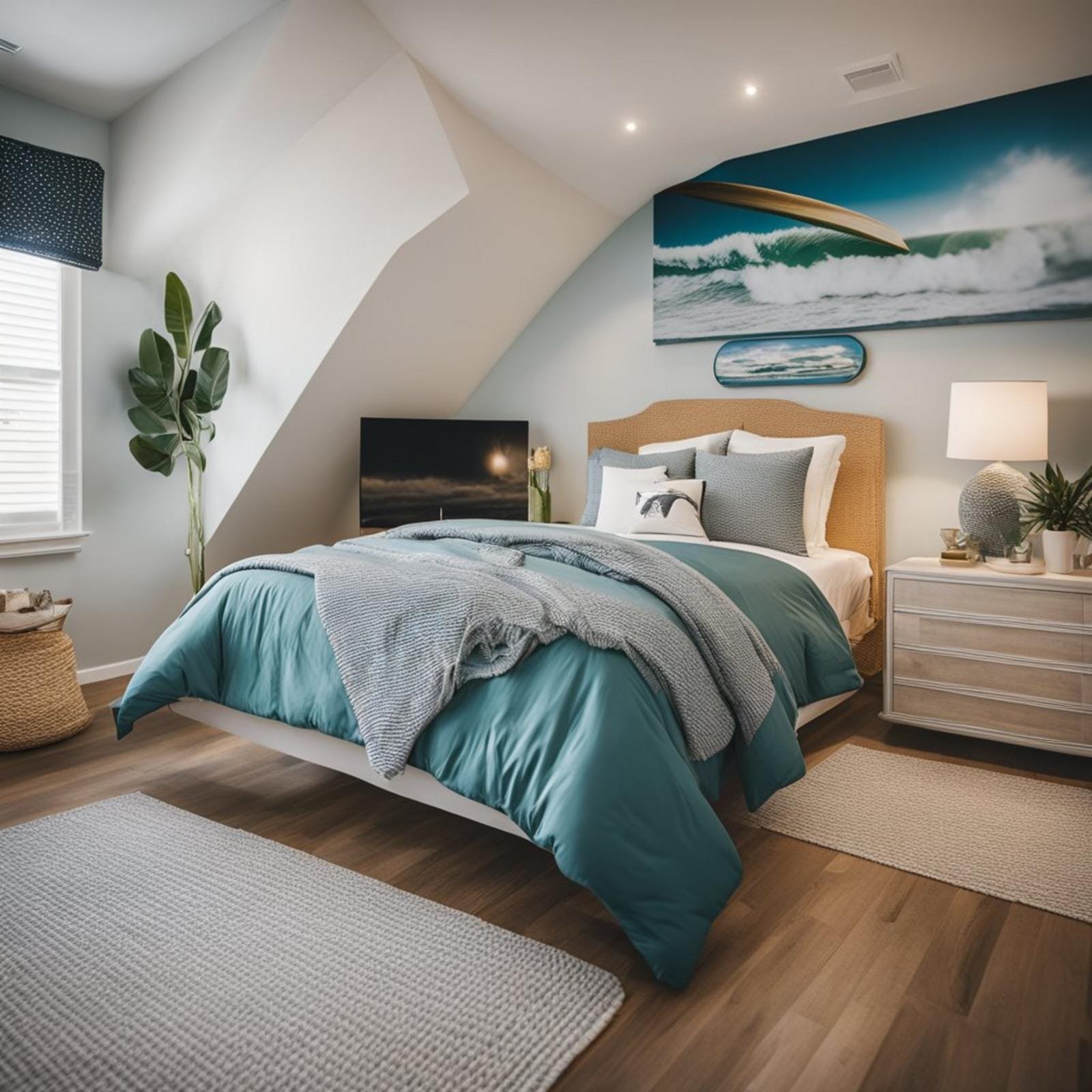 7 coastal bedroom for boys ideas (surf's up! ) 10 A surfboard wall decor hangs above a twin bed in a coastal-themed bedroom for boys