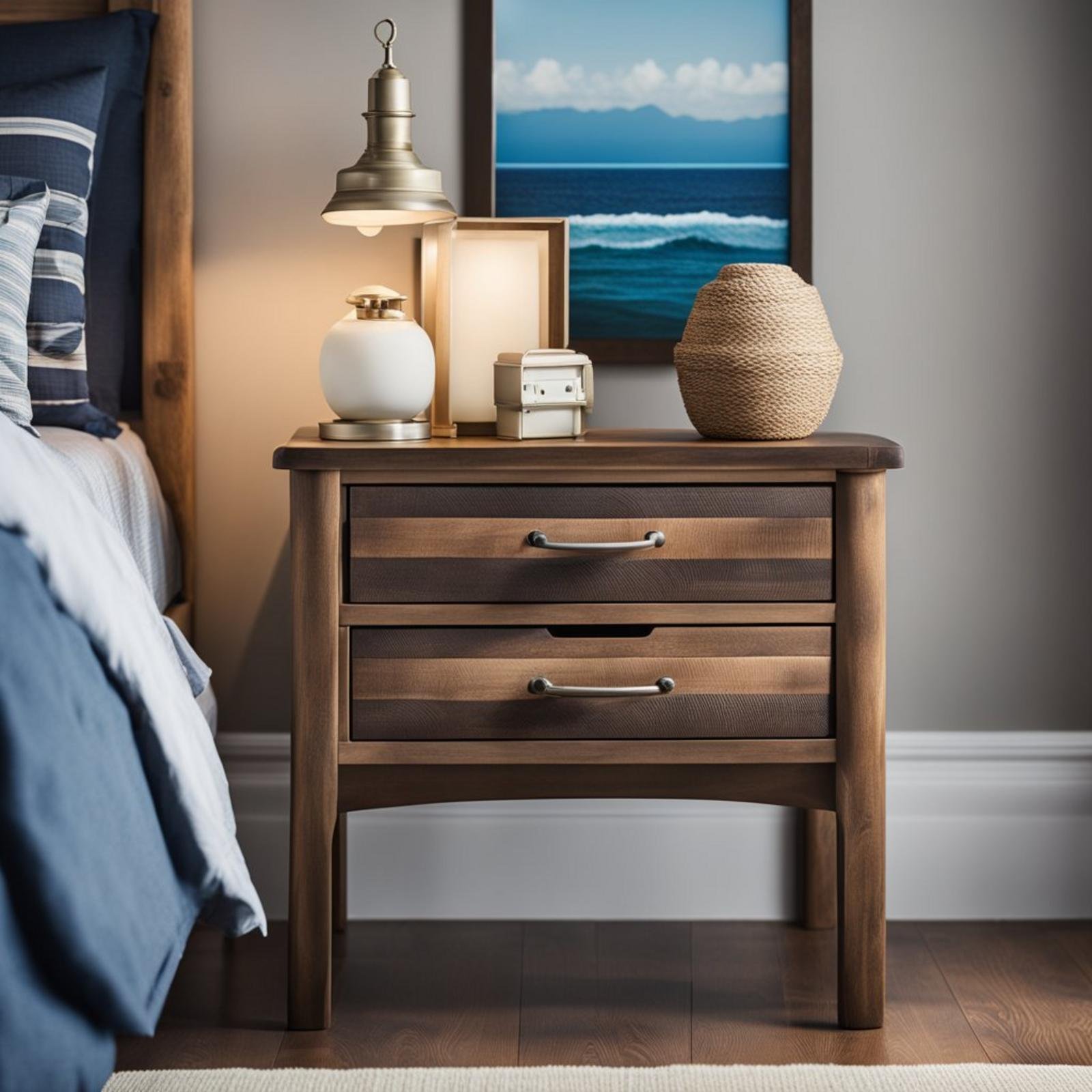 7 coastal bedroom for boys ideas (surf's up! ) 12 A rustic wooden nightstand sits in a coastal-themed boys' bedroom, adorned with nautical decor and surrounded by ocean-inspired colors