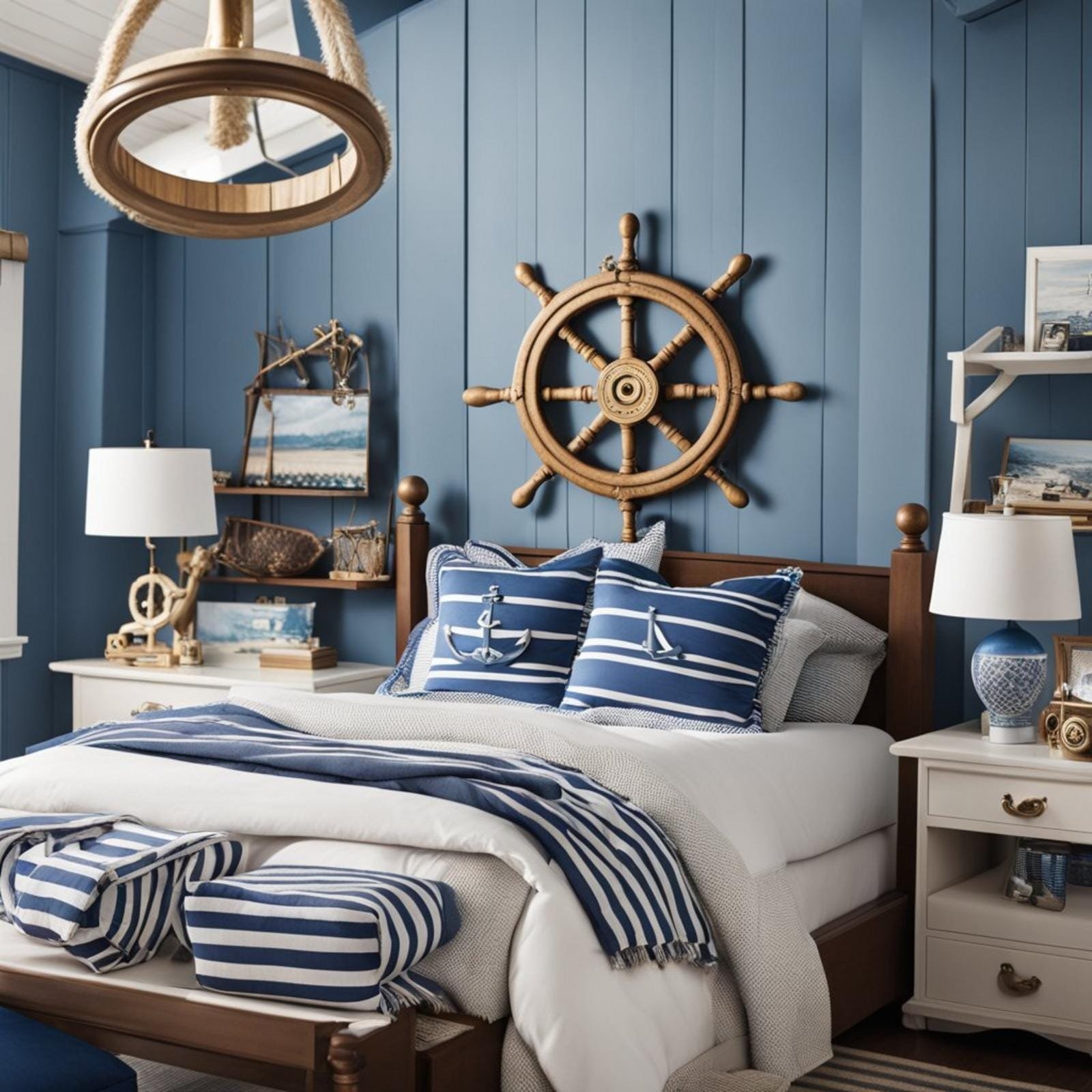 7 coastal bedroom for boys ideas (surf's up! ) 13 A coastal boys' bedroom with nautical decor, including a ship wheel, anchor, and blue and white striped bedding