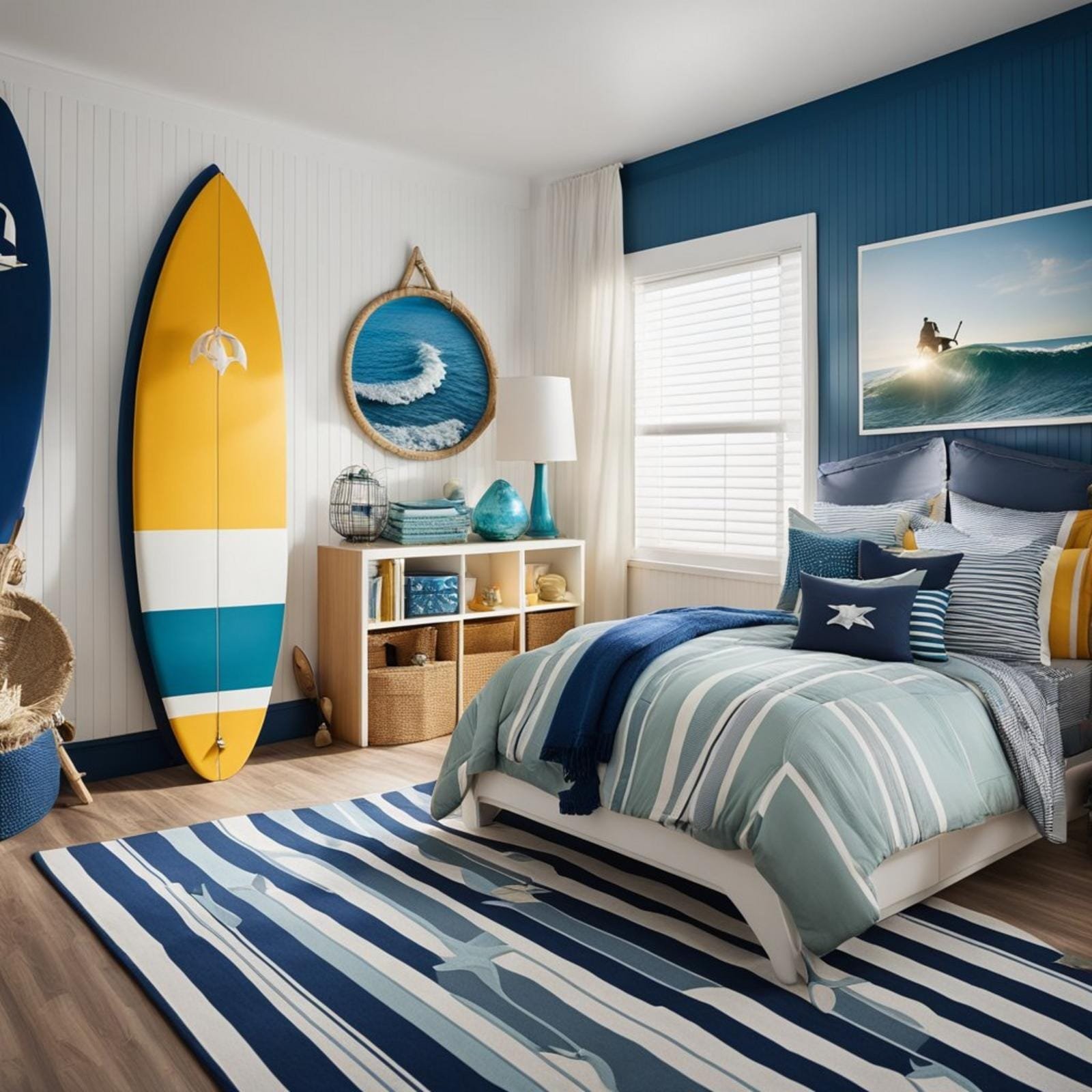 7 coastal bedroom for boys ideas (surf's up! ) 14 A coastal-themed boys' bedroom with a nautical bed, striped rug, surfboard wall decor, and ocean-inspired color scheme