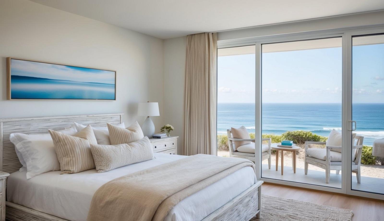 A coastal bedroom with white-washed furniture, a large window overlooking the ocean, and soft, sandy-colored textiles
