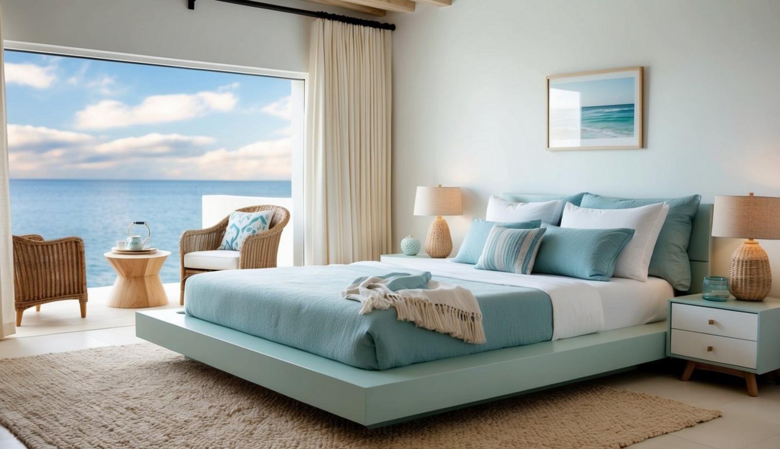 A cozy coastal platform bed sits in a serene seaside bedroom, surrounded by coastal-themed furniture