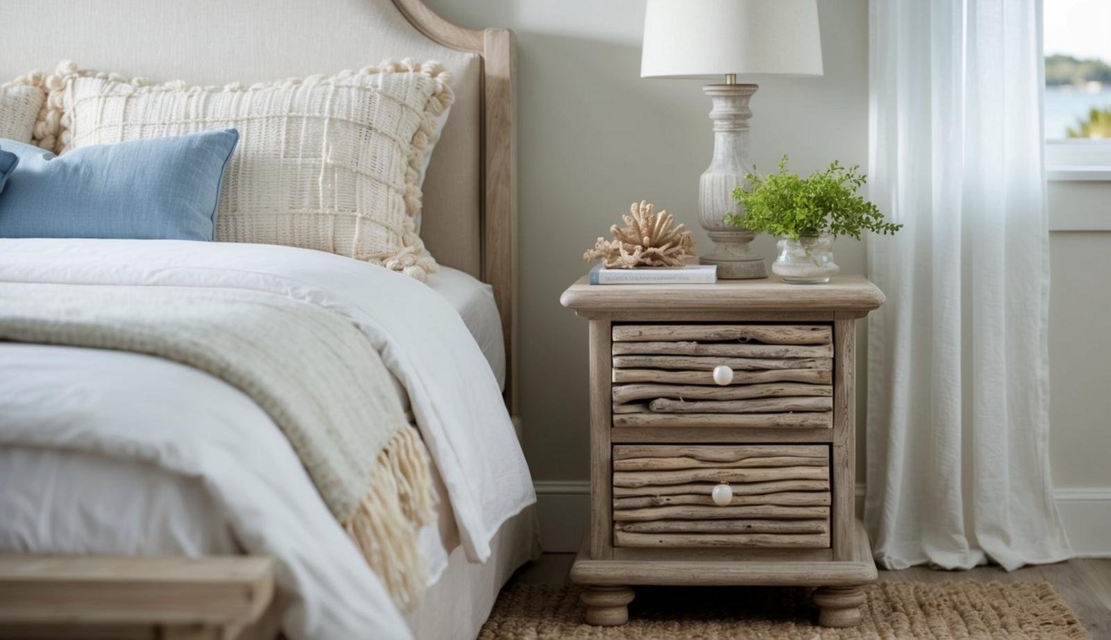 A weathered driftwood nightstand with nautical decor sits in a coastal bedroom, surrounded by soft, neutral tones and natural textures