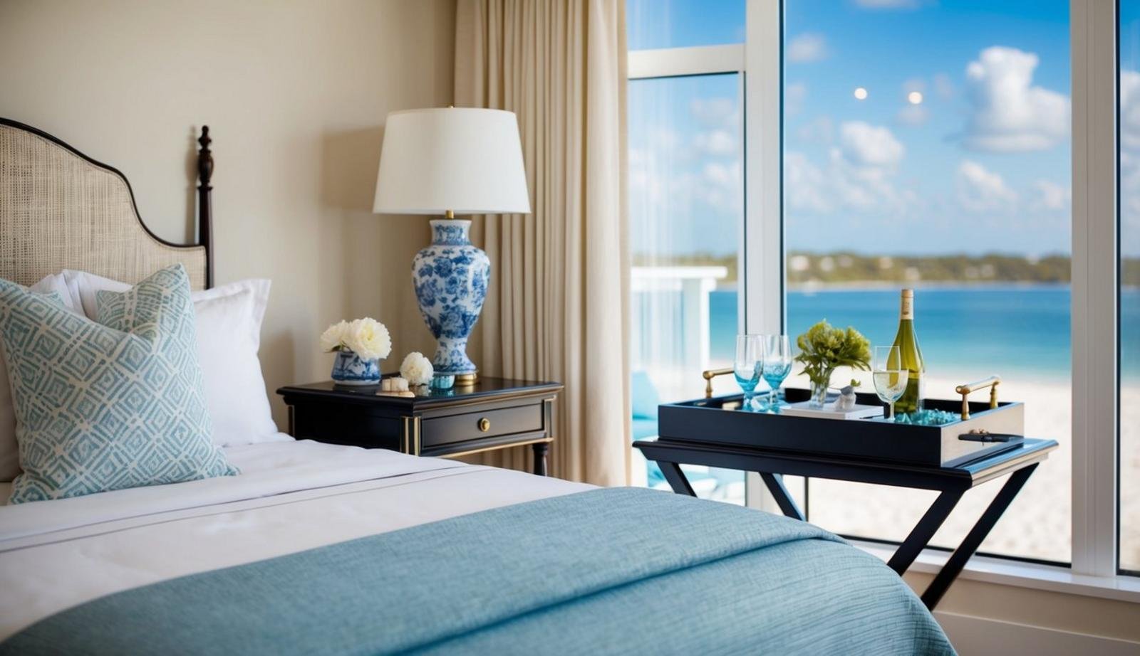 A beachside bedroom with a butler's tray table, coastal decor, and furniture