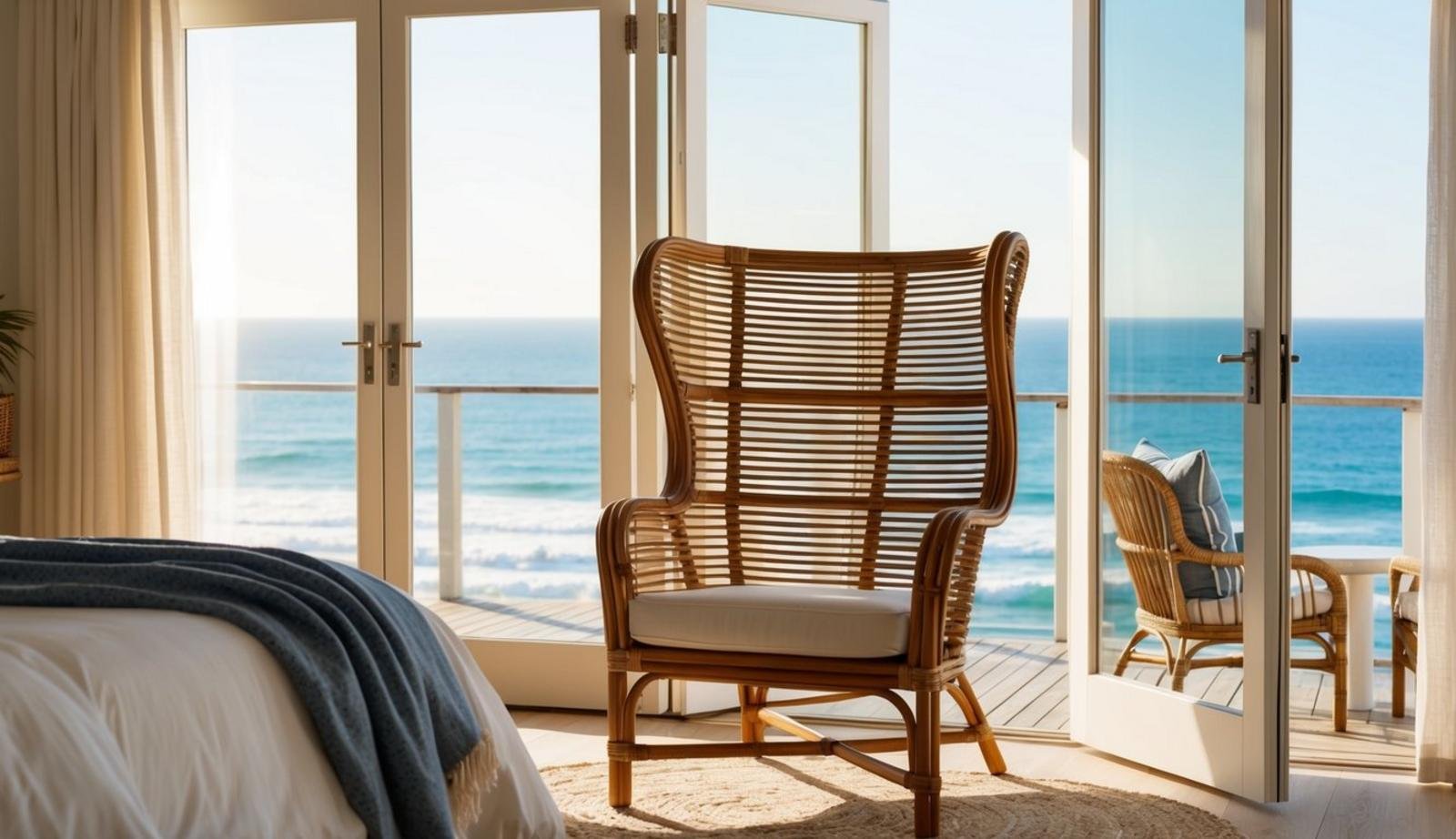 A cozy rattan wingback chair sits in a sunlit coastal bedroom, overlooking the ocean through open French doors