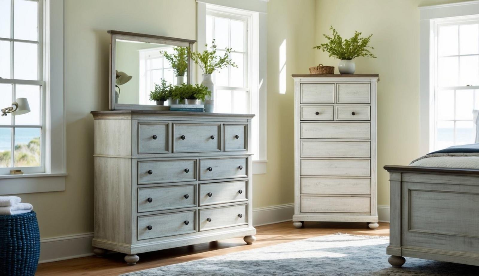 A weathered Cape Cod Coastal Dresser sits in a sunlit bedroom, surrounded by other matching coastal bedroom furniture