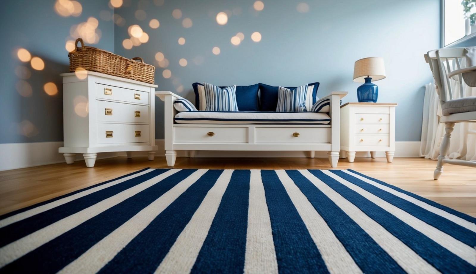 A navy blue striped area rug sits beneath coastal bedroom furniture