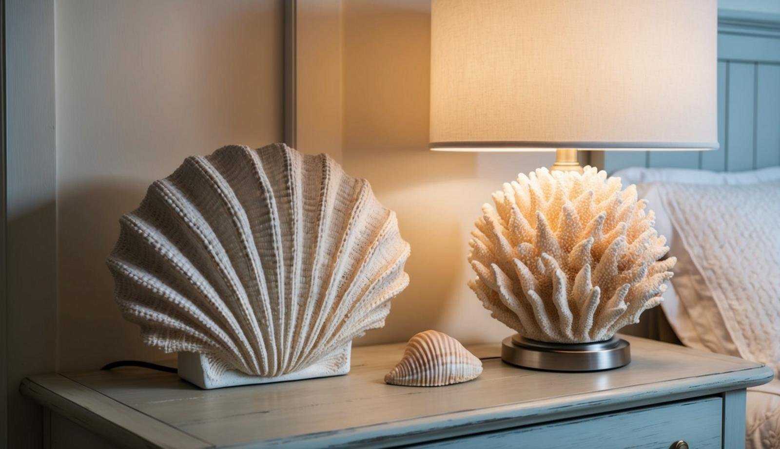 A coral reef table lamp sits on a weathered wooden bedside table in a coastal-themed bedroom. The lamp emits a soft, warm glow, casting gentle shadows on the surrounding seashell decor
