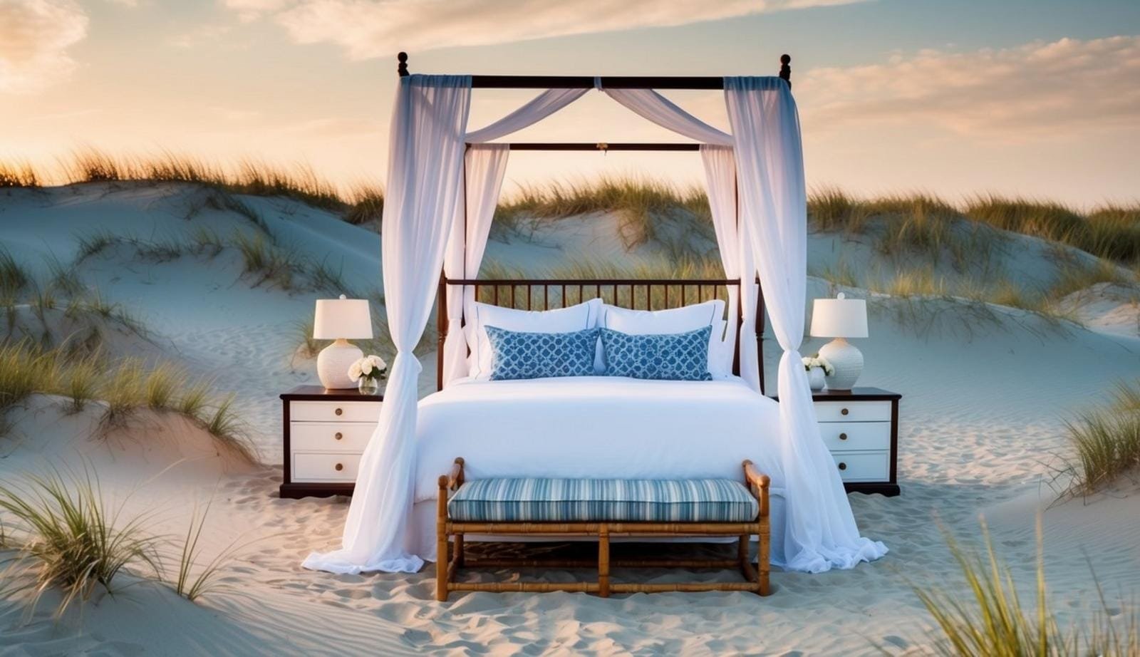 A canopy bed sits in a bedroom surrounded by sand dunes. Coastal furniture accents the room