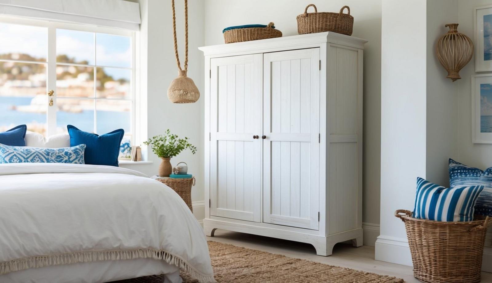 A whitewashed wardrobe sits in a coastal bedroom, surrounded by bayside decor