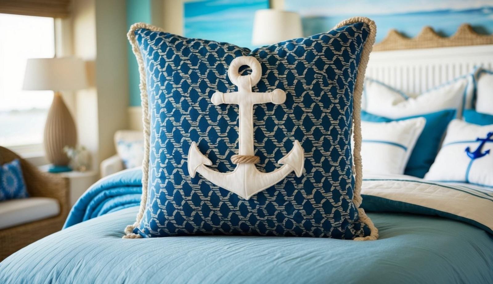 A coastal bedroom with a patterned throw pillow on a 15-inch anchor-themed pillow, surrounded by coastal furniture
