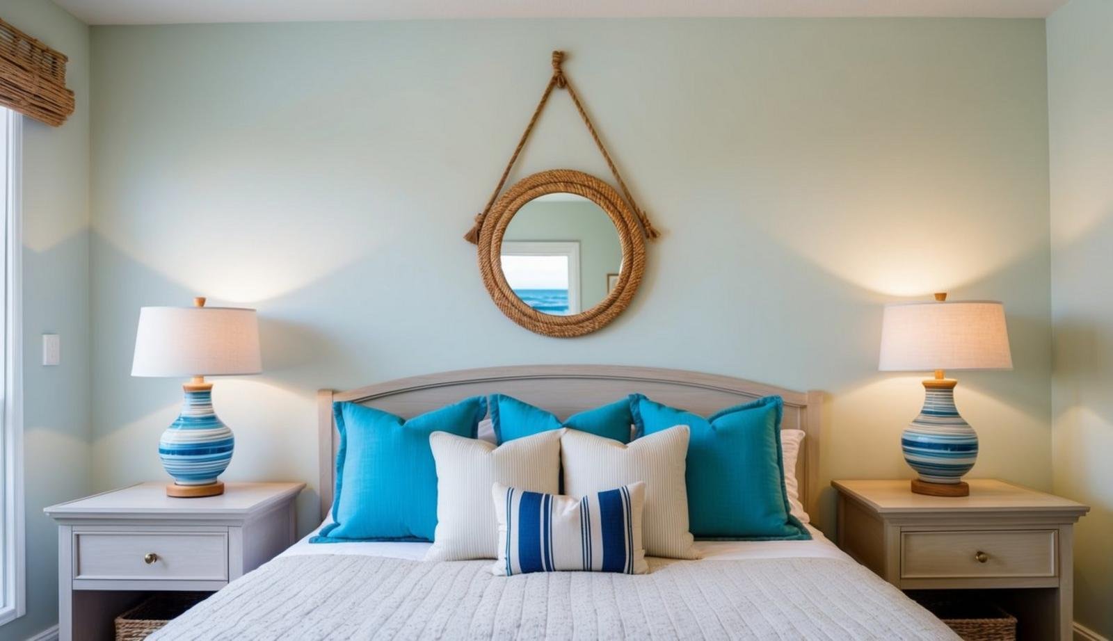 A seaglass accent mirror hangs above a coastal-themed bedroom with matching furniture. The room is decorated with nautical elements and soft, sandy colors
