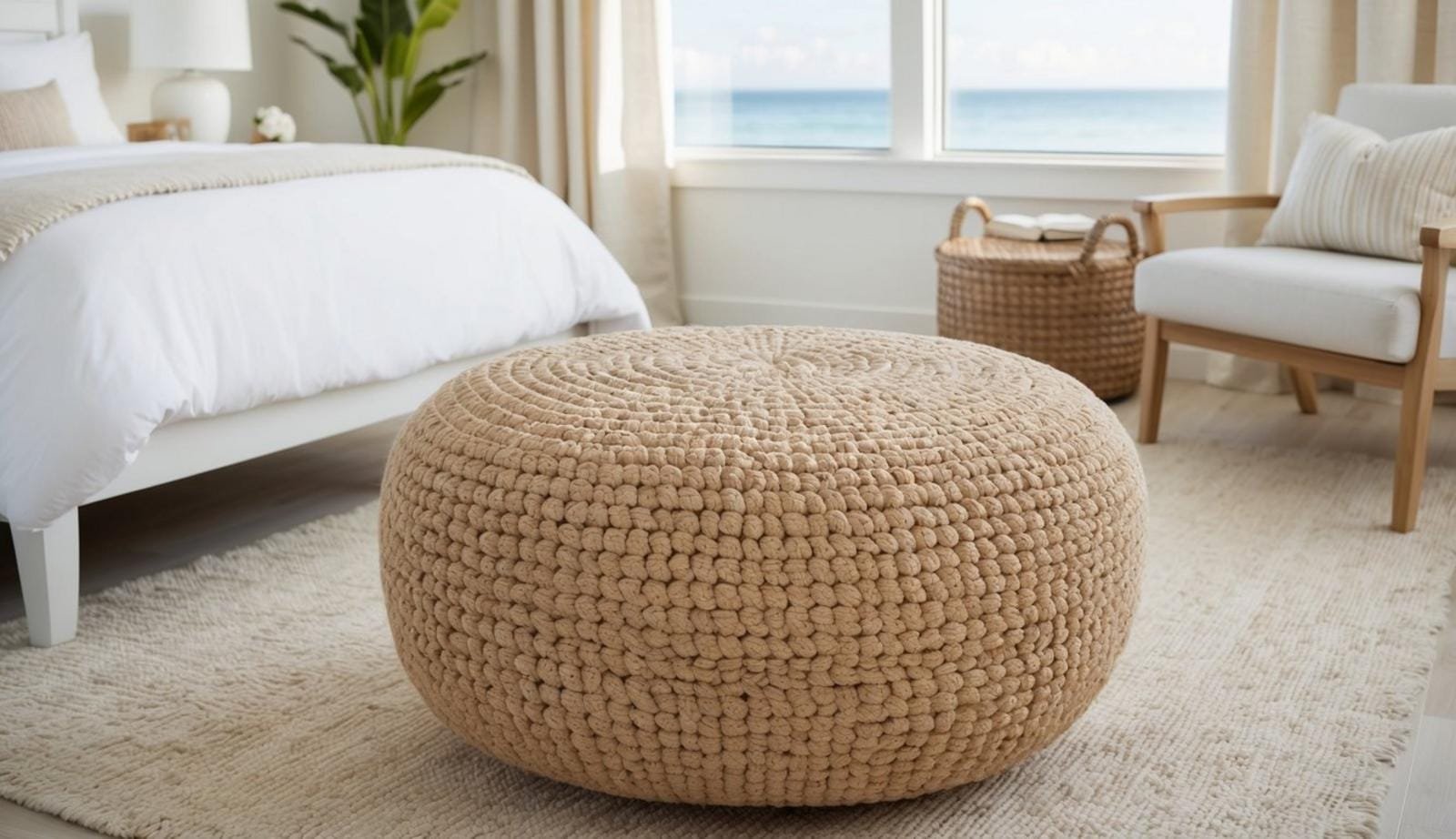 A woven jute pouf ottoman sits in a coastal bedroom, surrounded by light and airy furniture