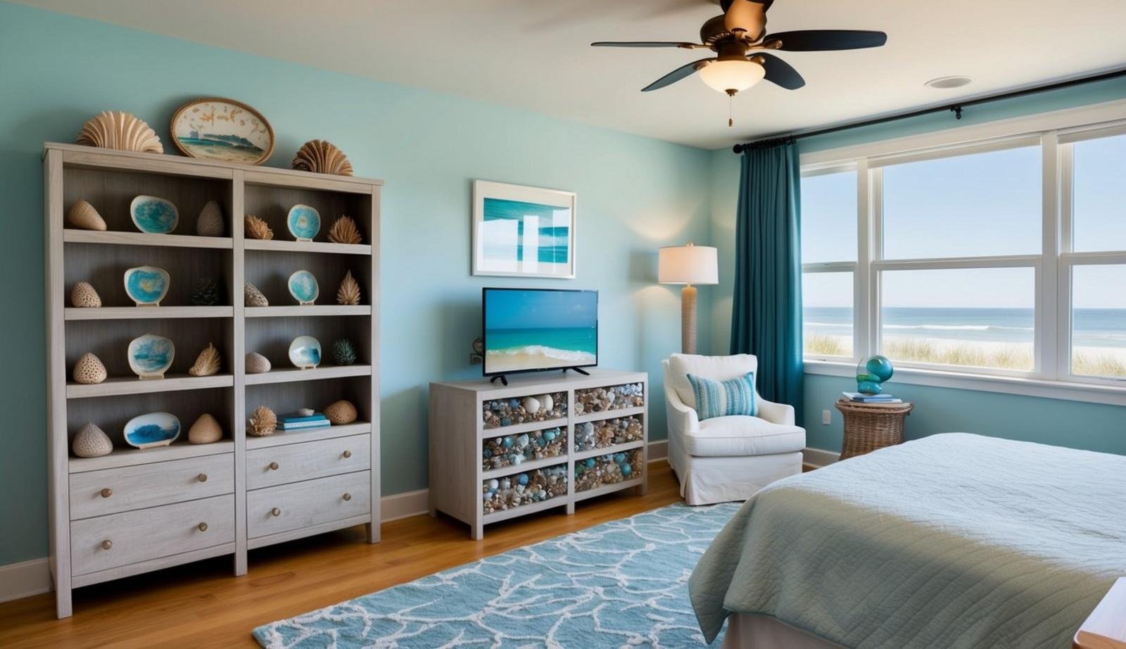 A cozy bedroom with a tidepool-themed bookcase and coastal furniture