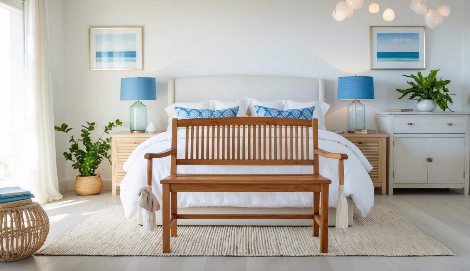 A Maritime Teak Bench sits in a coastal bedroom, surrounded by light, airy furniture and decor