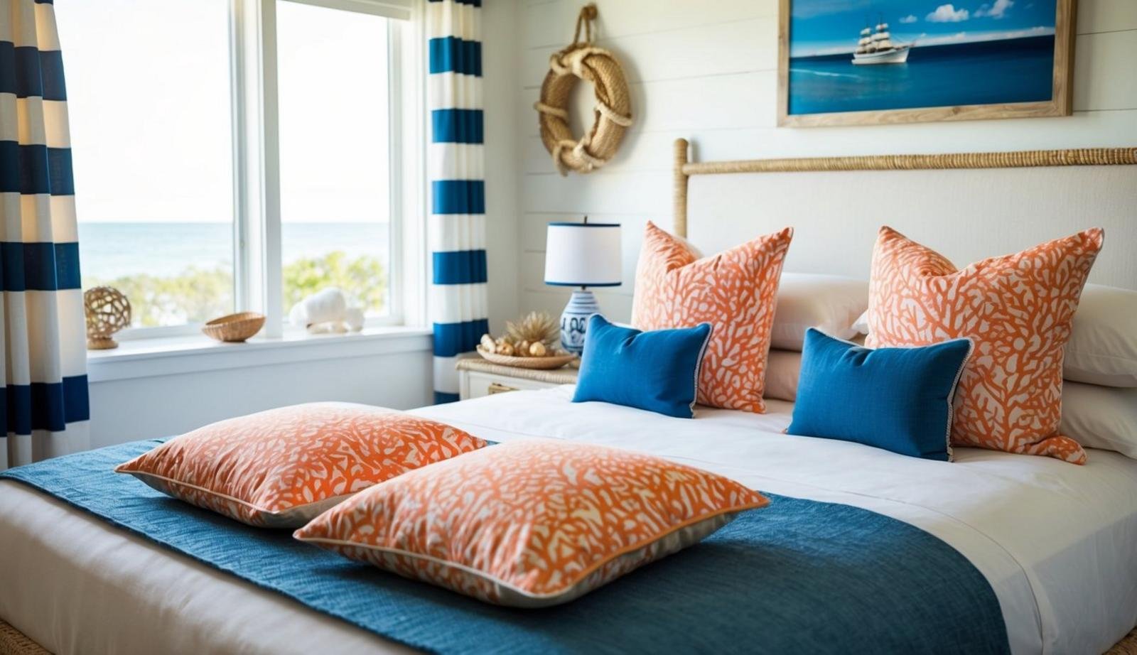 A cozy coastal bedroom with coral-patterned throw pillows on a bed, surrounded by nautical decor and natural light streaming in through the window