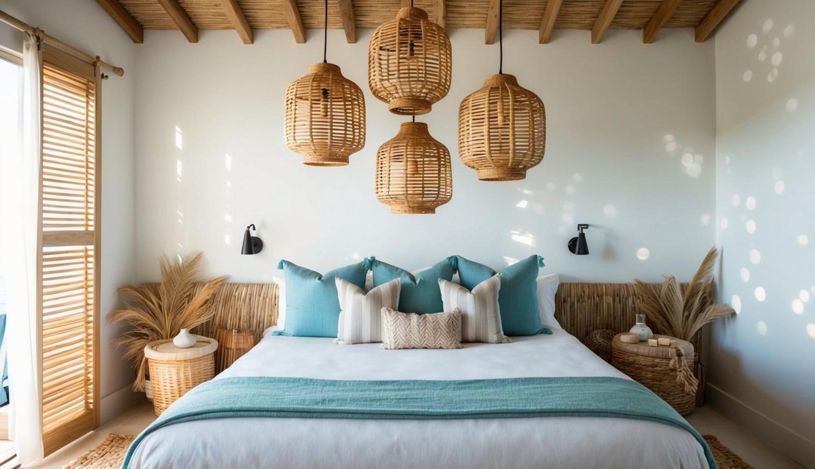 A serene coastal bedroom with rattan pendant lights hanging above a bed, surrounded by beach-themed decor and natural textures