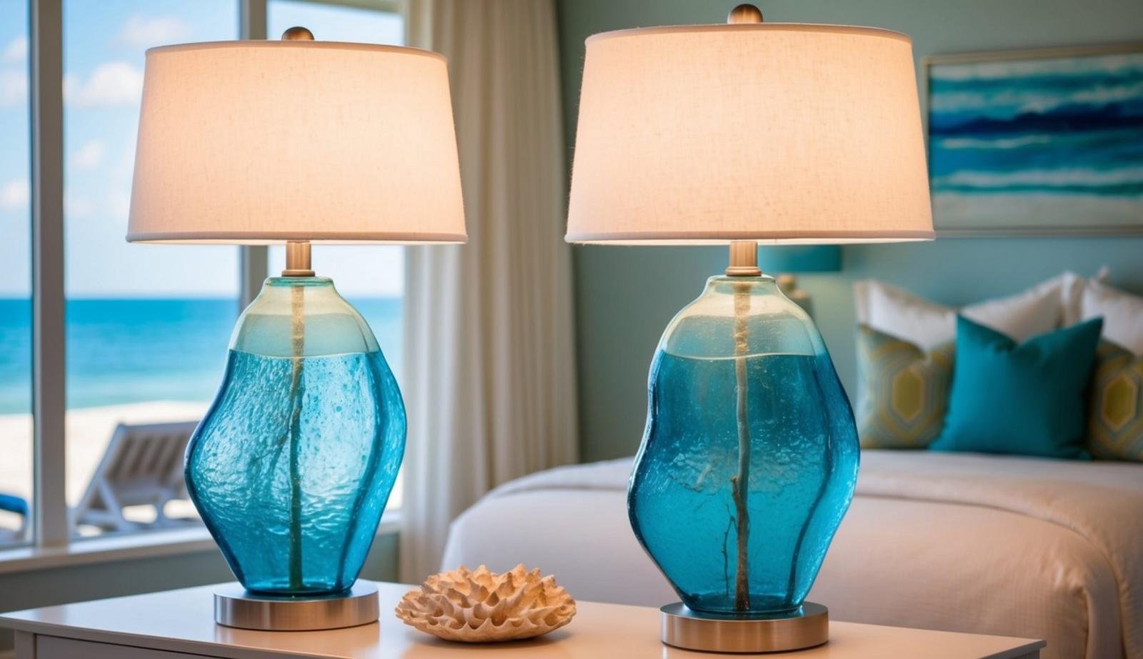 Two sea glass table lamps illuminate a coastal bedroom with soft, soothing light. The room features beach-inspired decor and calming ocean hues