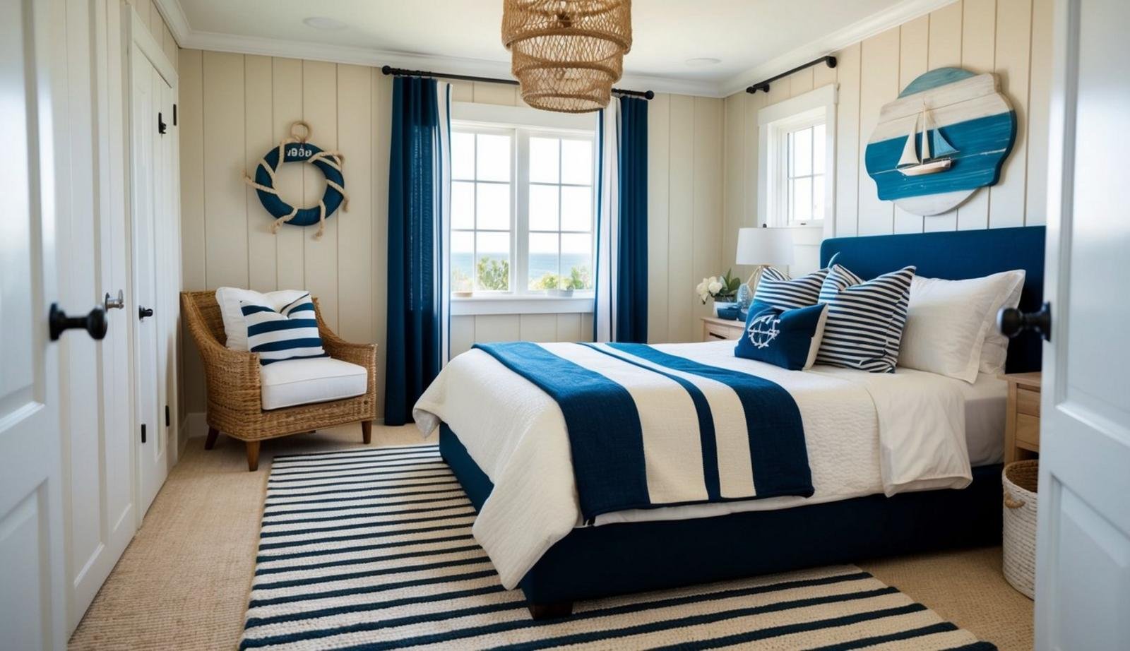 A cozy coastal bedroom with a striped area rug, surrounded by nautical decor and natural light streaming in from the window